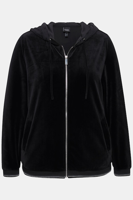 Samt-Sweatjacke, Blüte, Kapuze, Glitzerstreifen-Bündchen
