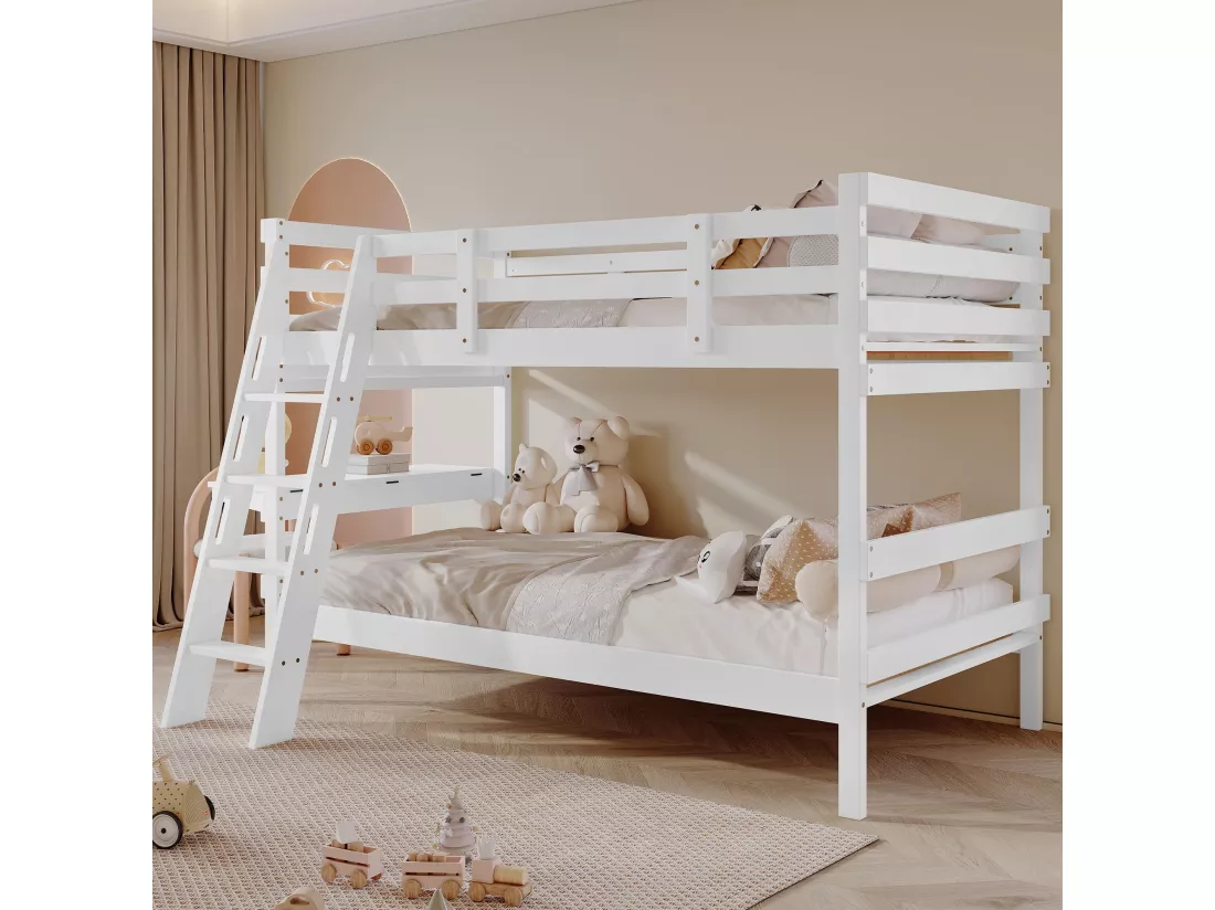 Lit superposé 90x200cm,Lit d'enfant,Design de la barrière de sécurité,avec bureau,Blanc,Sans matelas