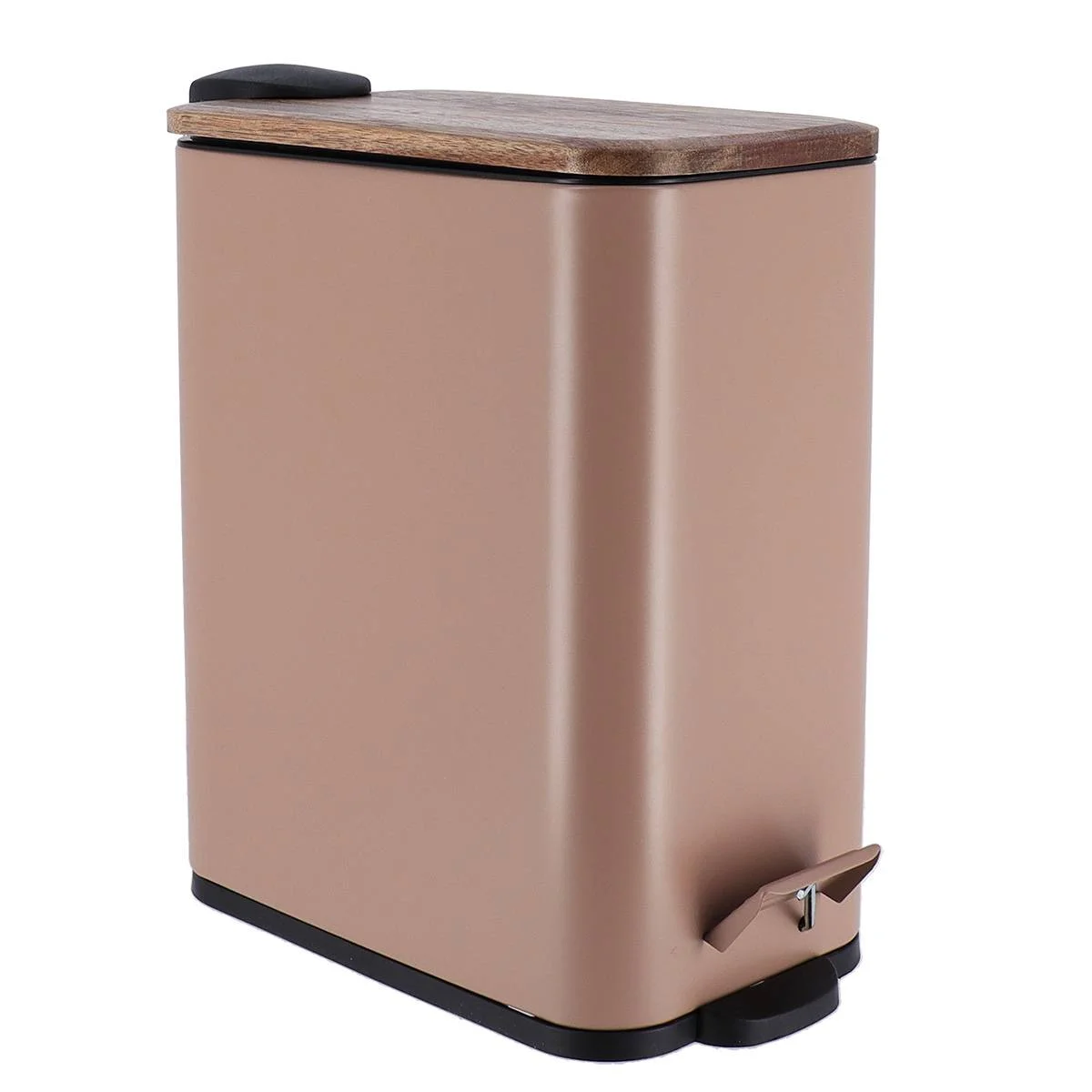 POUBELLE METAL RECTANGLE 5L COUVERCLE ACACIA CARAMEL