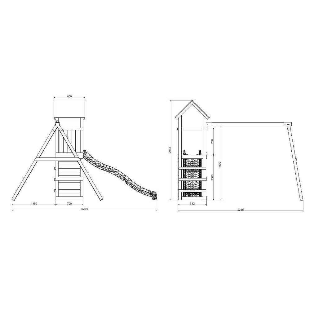 Structure de jeux en bois avec toboggan et balançoire double charly