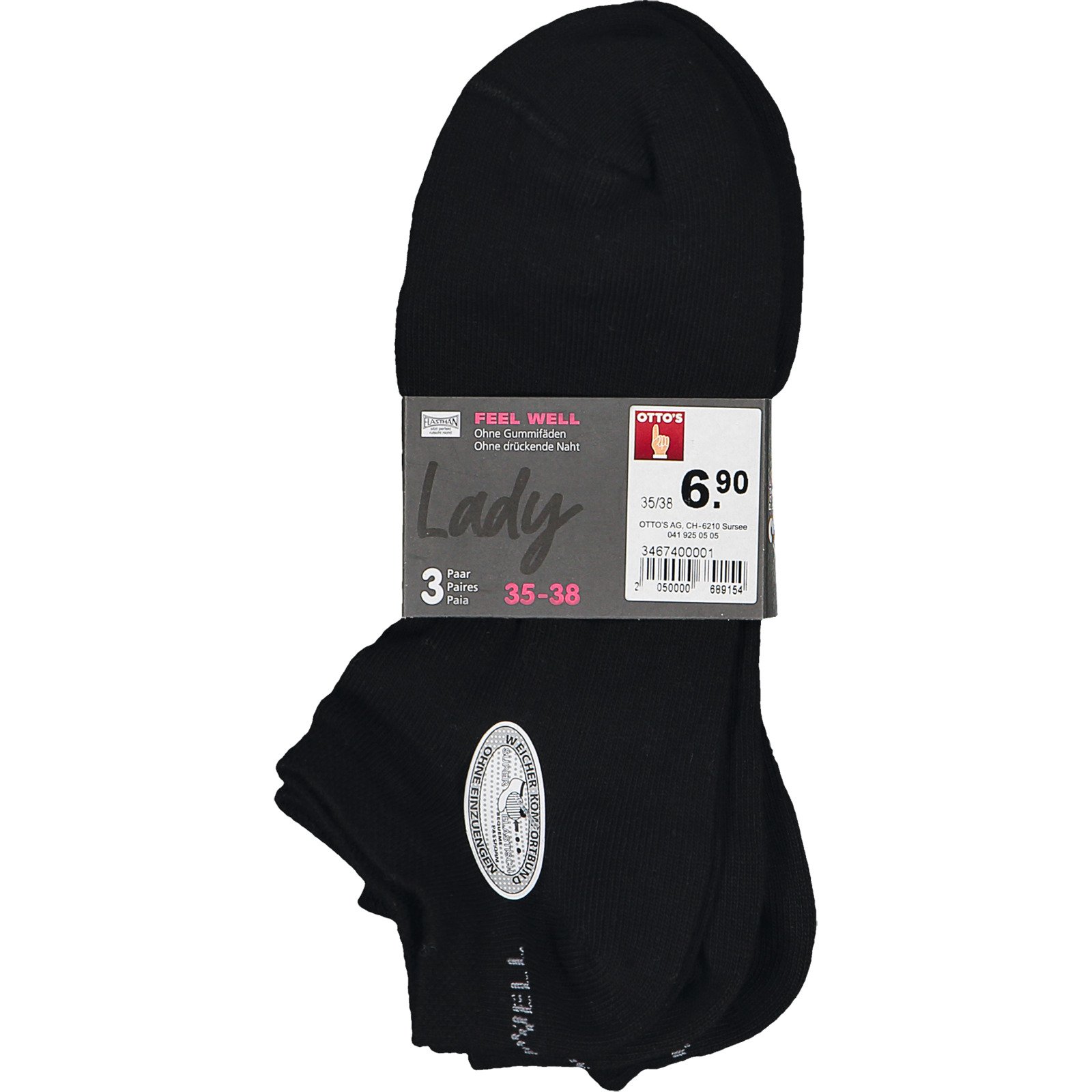 Feel Well Sneakersocken uni, 3 Paar 39-42, schwarz