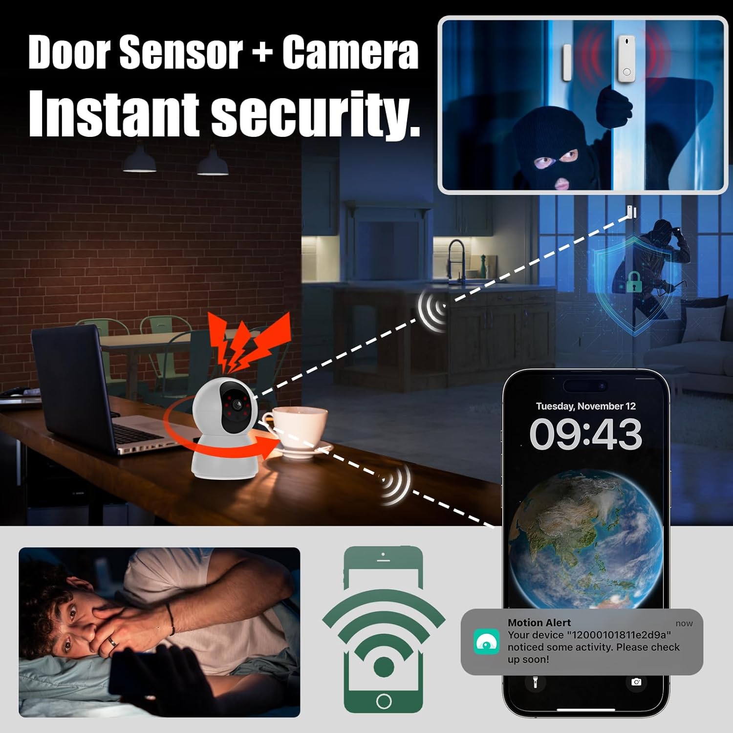 TOWODE 2-in-1 Haus-Sicherheitsystem: Smart IOT Pan-Tilt Überwachungskamera (355°/90°), mit Echtzeit-APP-Alarm & Tür-Fenster-Sensoren, sowie Alexa- und Tuya-Kompatibilität