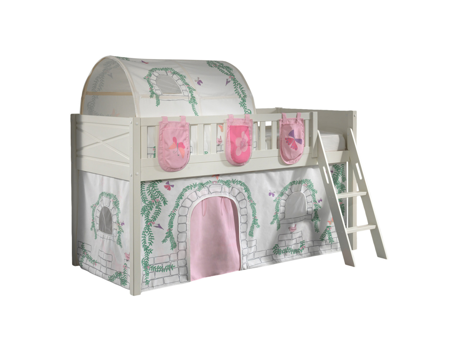 Spielbett SCOTT - weiß - Birdy - mit Vorhang, Leiter, Tunnel und Taschen - 90x200 cm