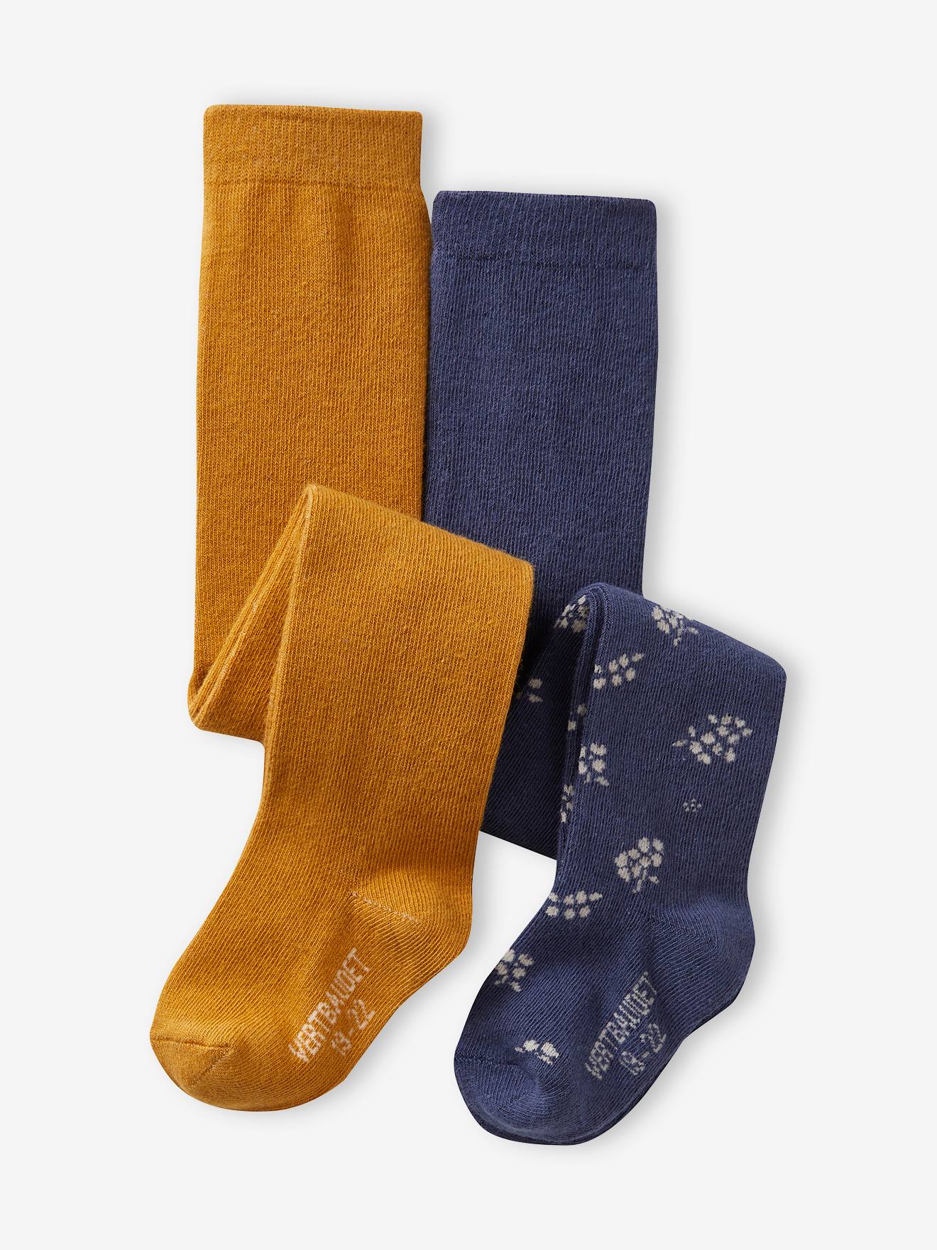 Pacote com 2 pares de meias-calças florais/lisas para bebê menina, cor mostarda.