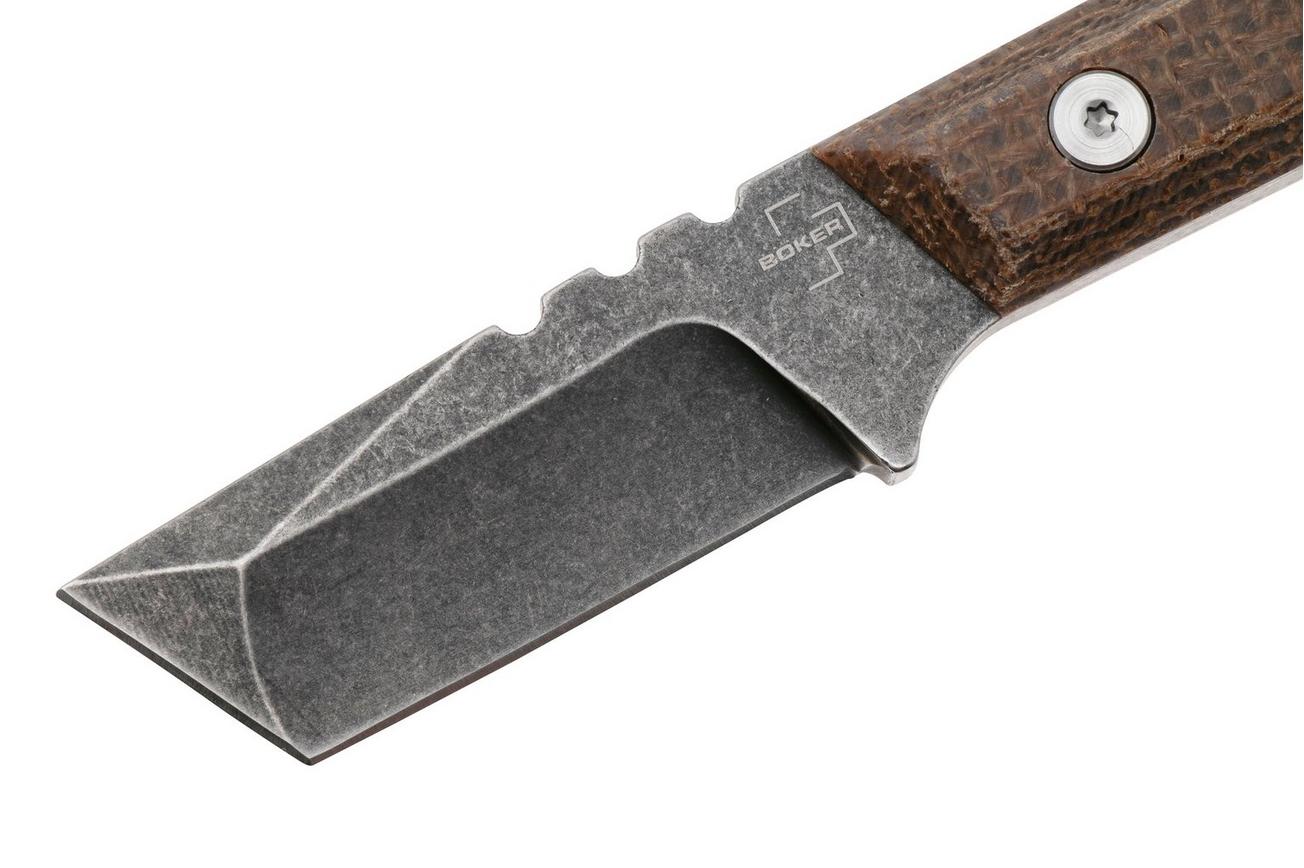 Böker Plus Thicker Clipper 02BO601, Blackwashed D2, Burlap Micarta, vaststaand mes, Brent Michael Smith design