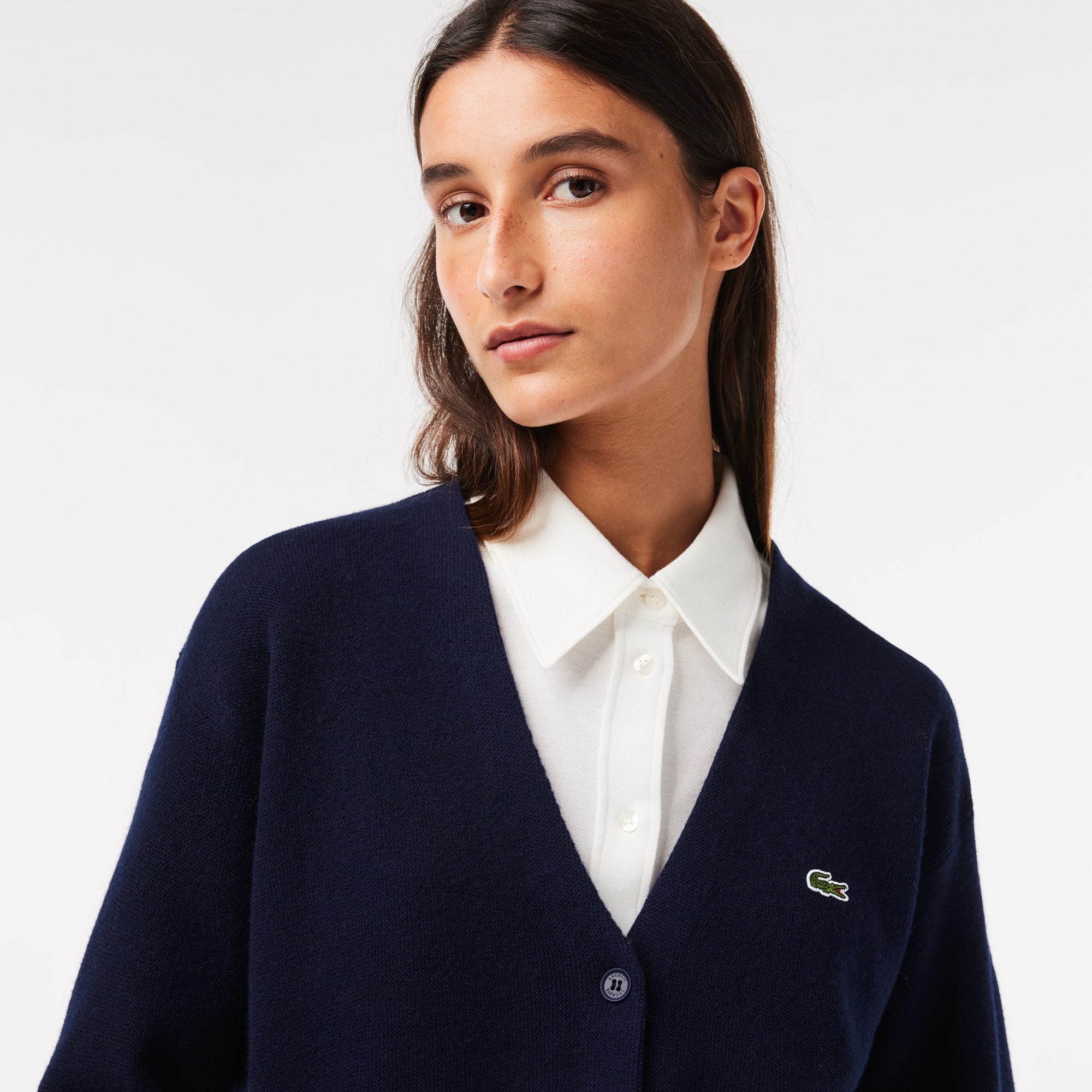 Cardigan femme Lacoste col en V en laine Pullovers - Bleu - Lacoste - Femme