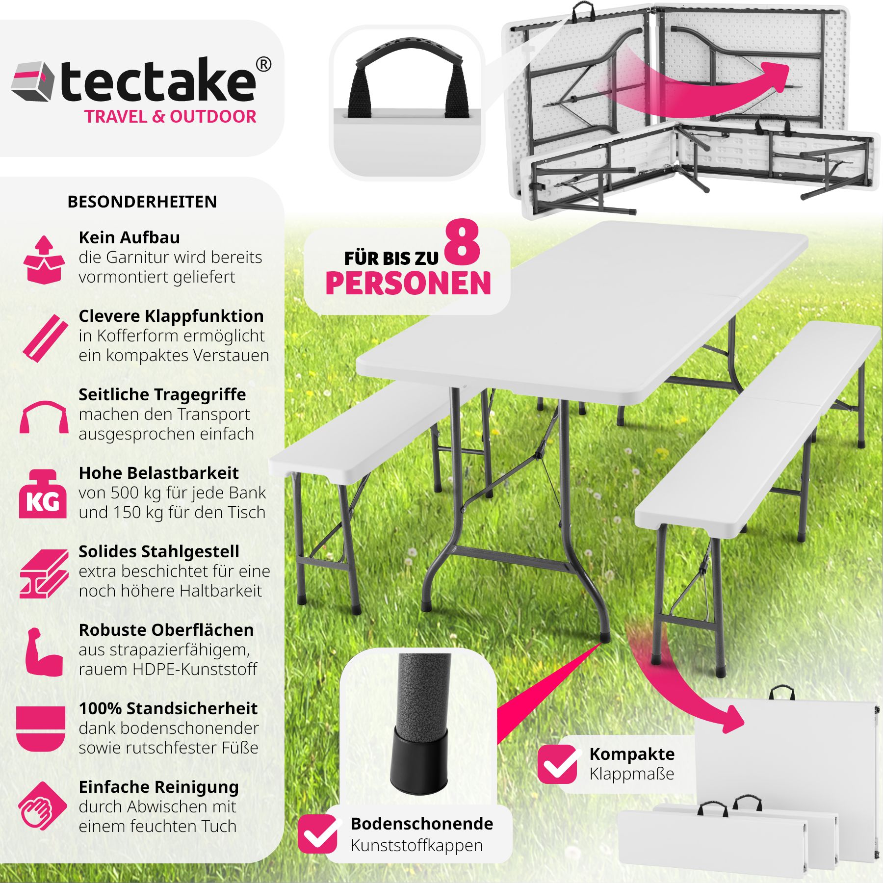 tectake® Campingtischgarnitur , klappbar, hohe Belastbarkeit, mit Tragegriffen
