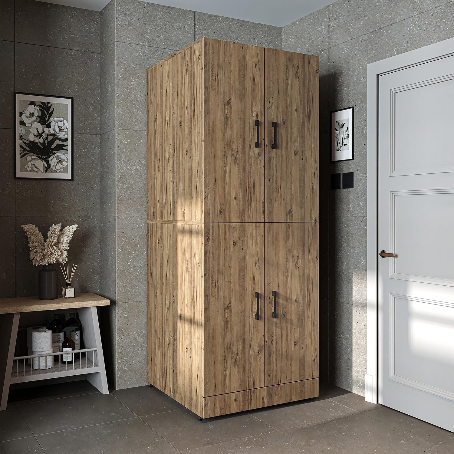 ROOMART Dora Armoire de machine à laver, pour sèche-linge et machine à laver, en 4 couleurs, avec portes et planche coulissante (chêne anthracite)