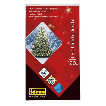 Idena 120er LED Lichterkette, warmweiß, innen und außen, 8 Funktionen, batterieb., Timer