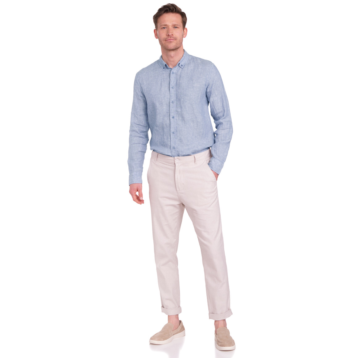 VanVaan Herren Leinen-Hemd mit Button-Down-Kragen blau