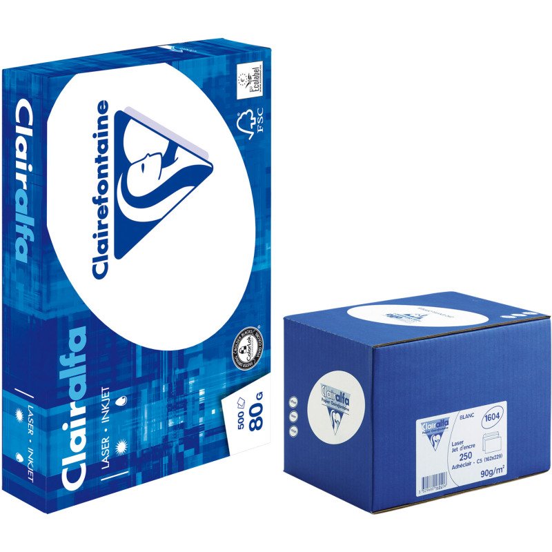 Pack 10 ramettes papier A4 80 g + 2 boîtes 250 enveloppes sans fenêtre 110 x 220 mm Clairalfa Clairefontaine