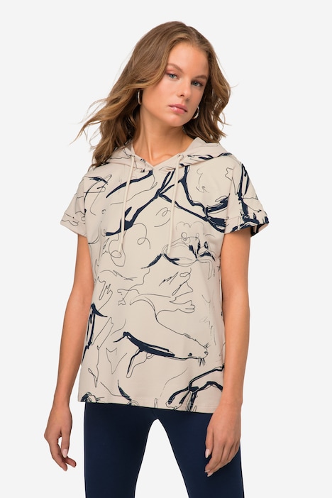 Hoodie, Sweater, oversized, Robben Print, Kapuze, Halbarm
