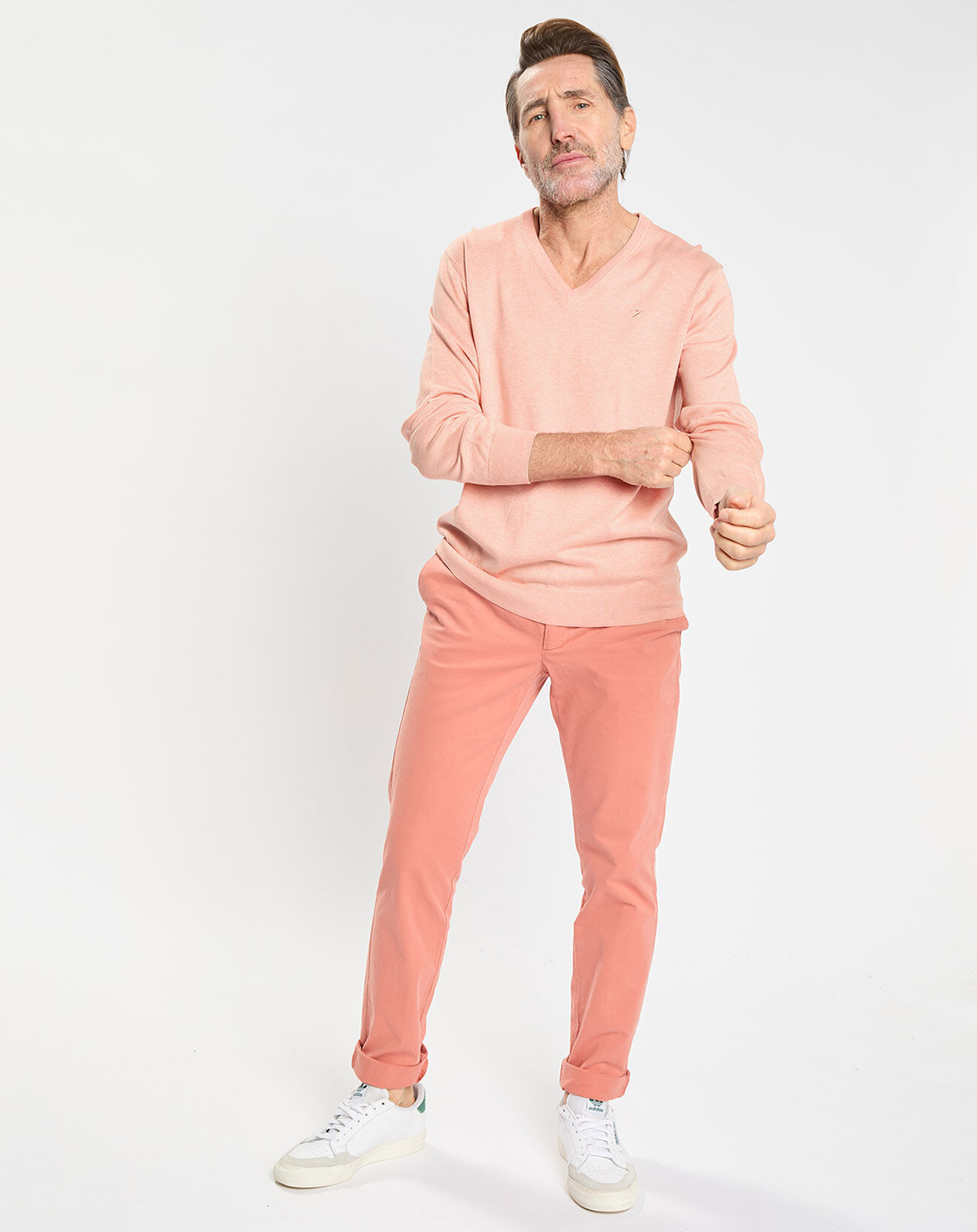 Hackett London Pull en Coton & Soie col V orange clair chiné