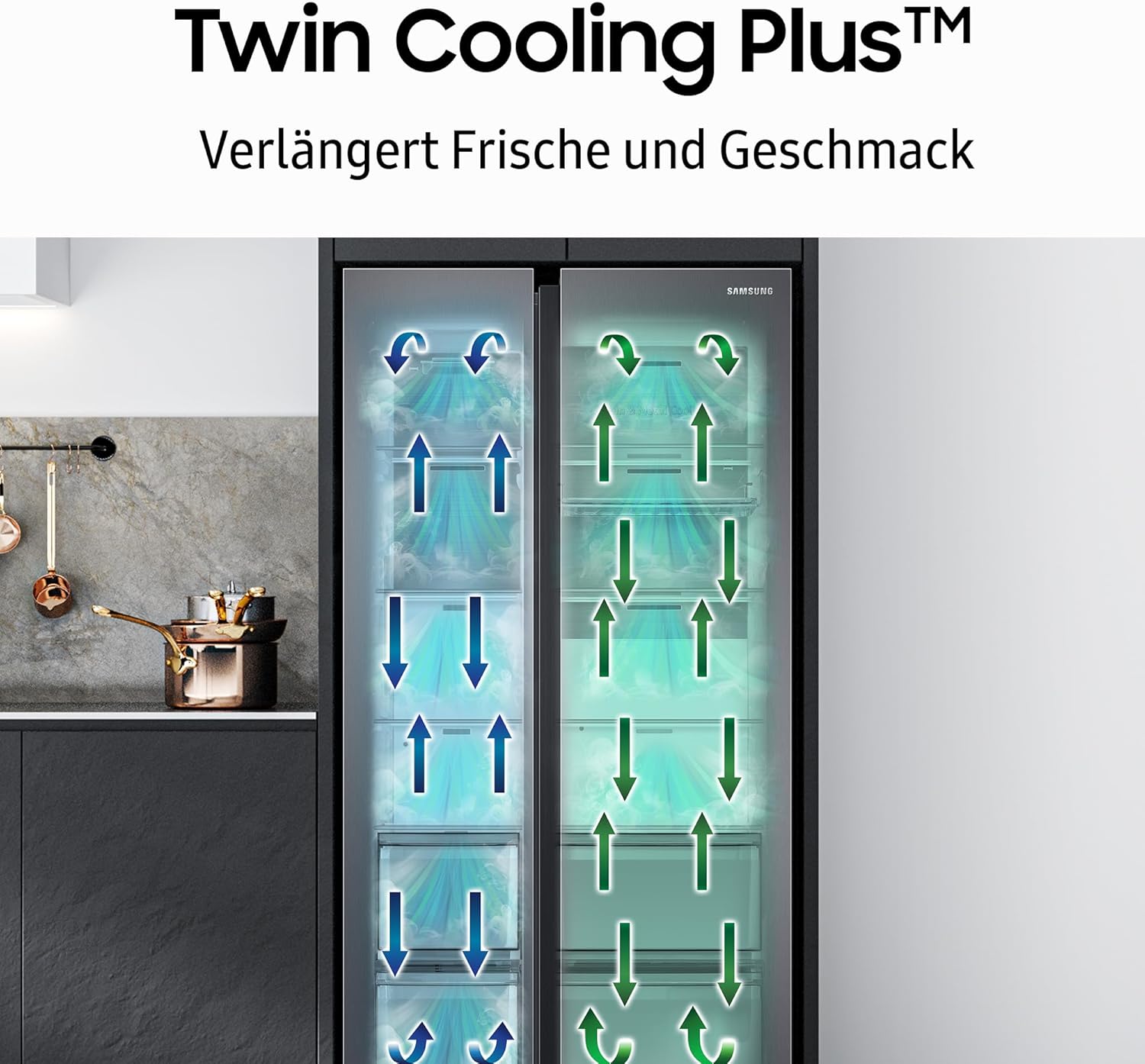 Samsung RS80F66KBFEF Side-by-Side Kühl-Gefrierkombination, AI Kühlschrank mit Gefrierfach, 178 cm, 634 l, Eis- und Wasserspender mit Festwasseranschluss, AI Voice Control & Energy Mode, Black Steel