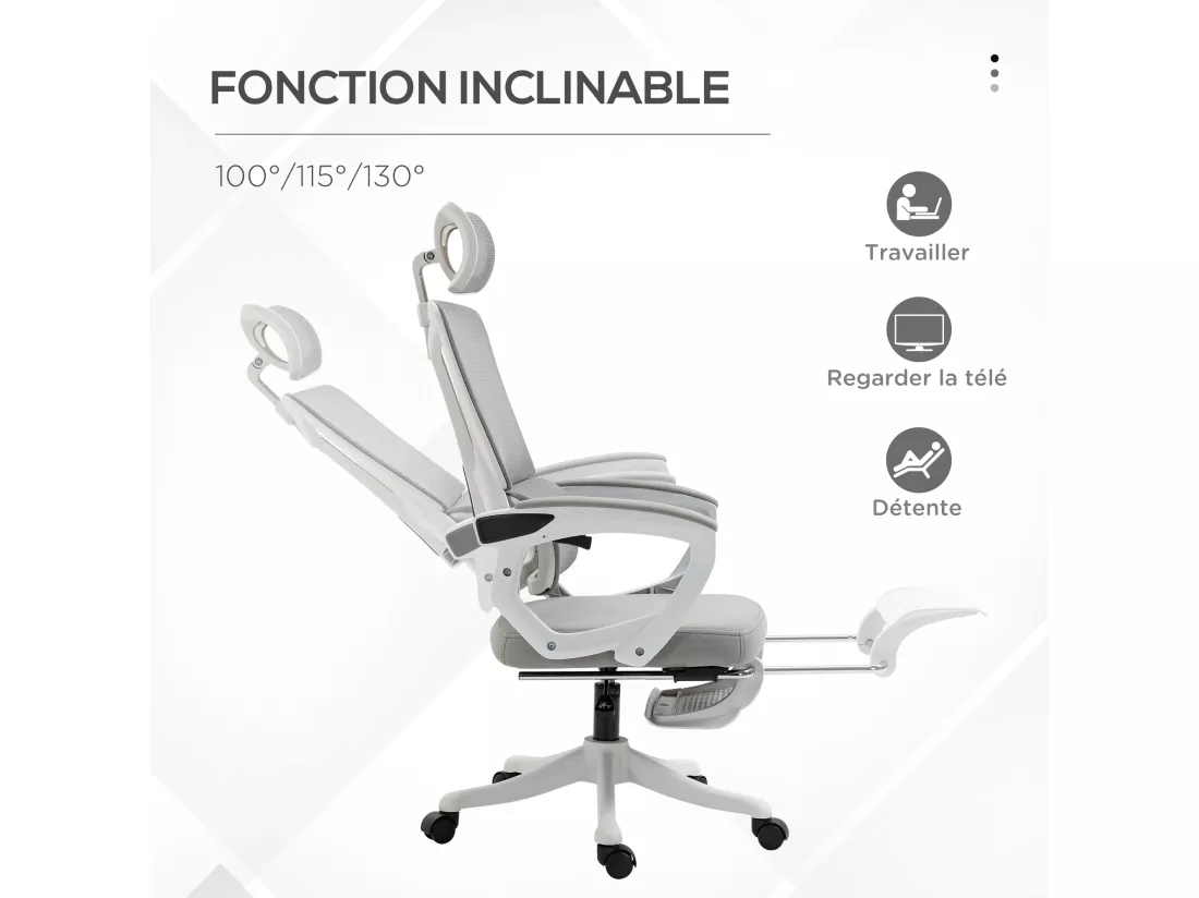 Fauteuil de bureau ergonomique inclinable réglable - repose-pied rétractable, support lombaires, tétière ajustable - blanc gris