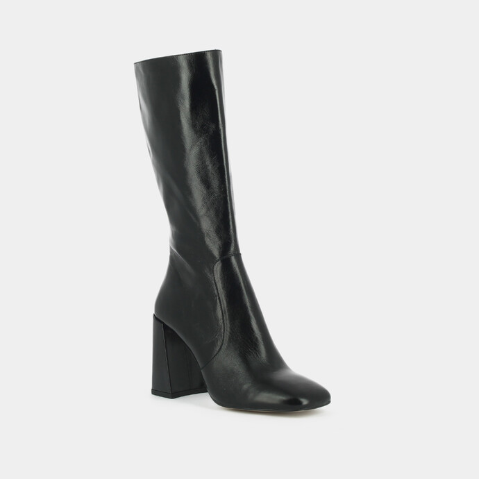 Bottes à talons et bouts carrés  en cuir vieilli noir