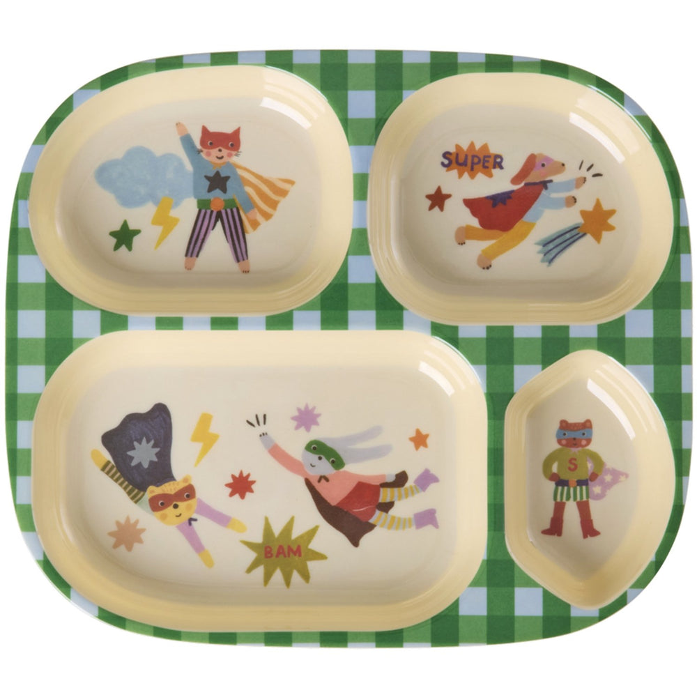 Køb Rice Melamin Kids 4 Room Tallerken Med Hero Print - Green