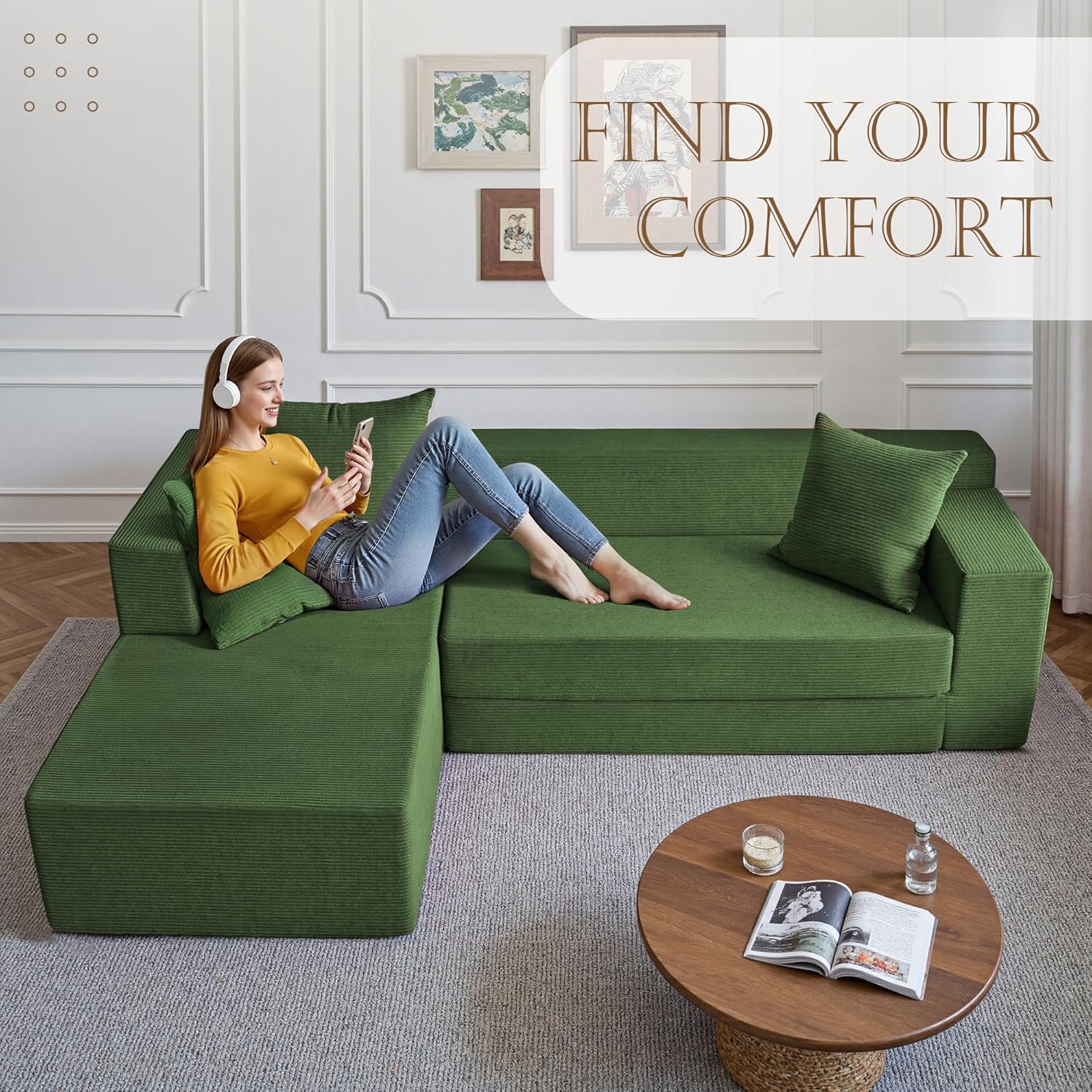 YINIX Modulares Ecksofa 235cm L-Form, Wolkensofa mit Schlaffunktion, Cord Wohnlandschaft mit Metallrahmen, 3 Sitzer Couch Tiefe Sitzfläche, Breite Recamiere, rutschfest, Pflegeleicht (Grün)