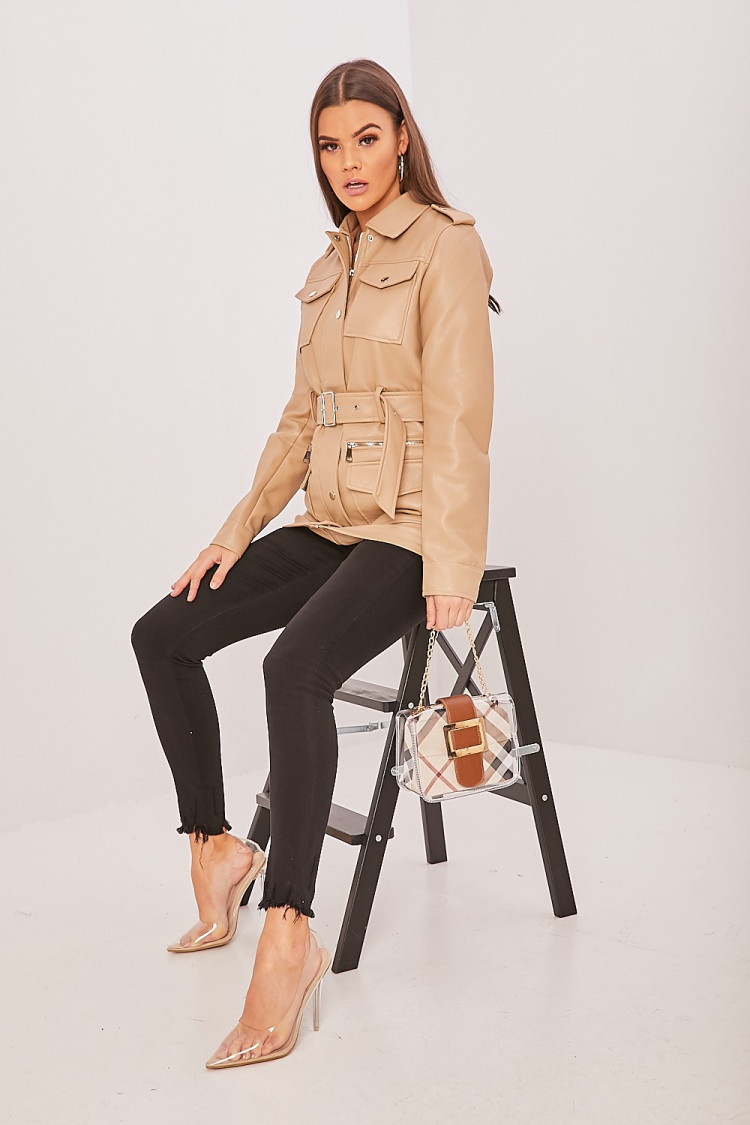 Veste en simili cuir beige à multipoches