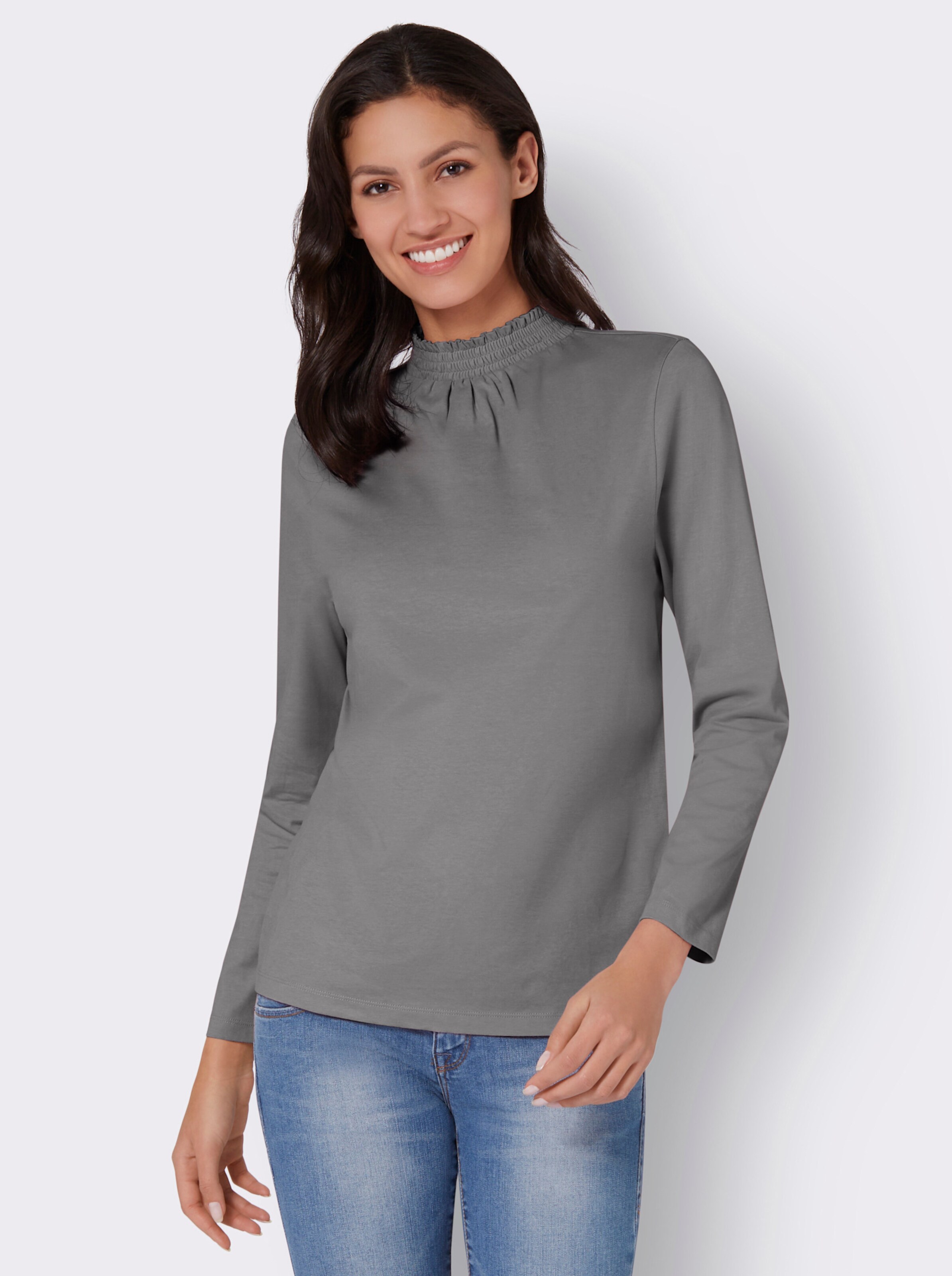 Stehkragenshirt mit Raffungen im Vorderteil