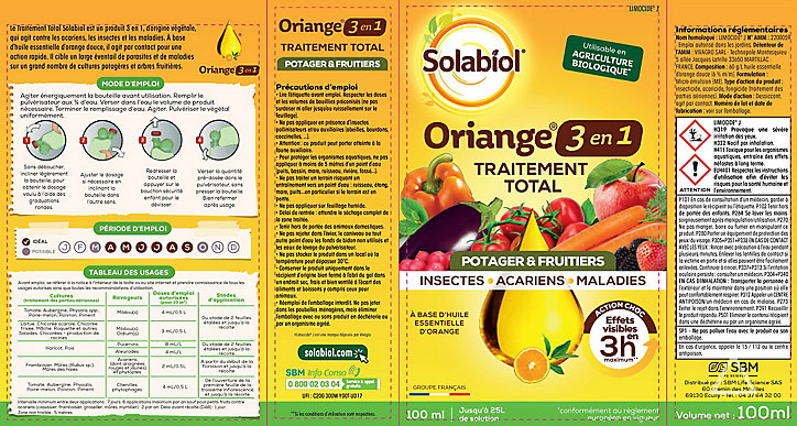 Traitement Total Oriange 3 en 1 potager Solabiol 100ml
