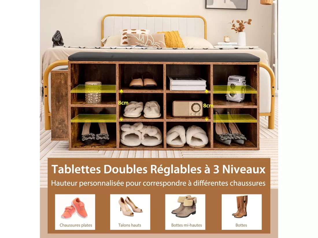 Banc à Chaussures avec Porte-Parapluie, Banc de Rangement 10 Compartiments avec Coussin Rembourré, Style Industriel, Charge 300 kg (Marron Rustique)