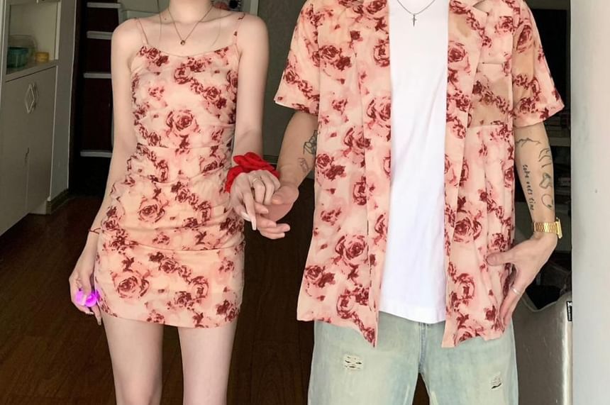 Azure - Koppel bijpassende korte mouwen kraag bloemenprint shirt / spaghettibandjes mini kokerjurk