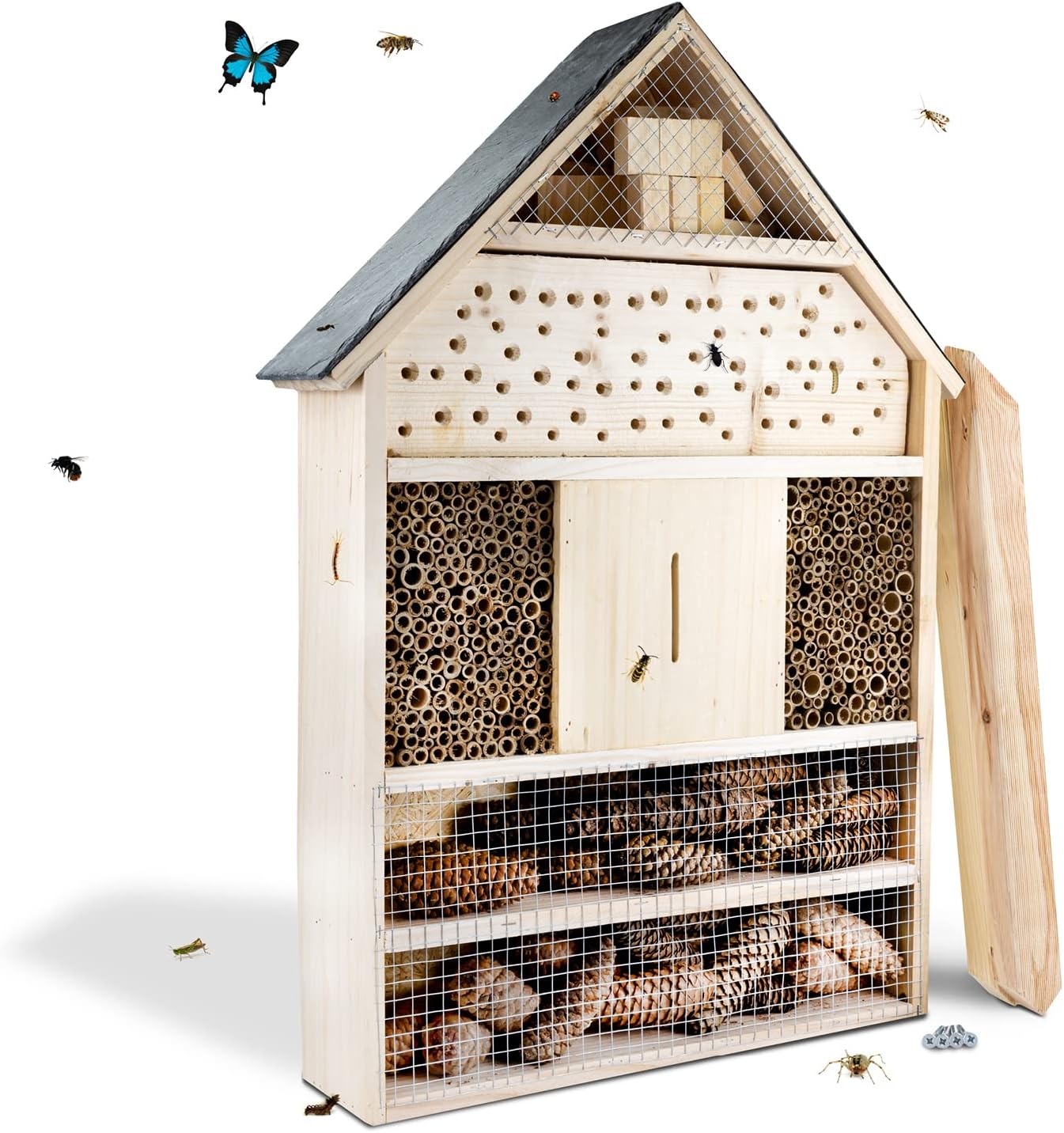 GARTENETAGE Insektenhotel XXL mit Schieferdach/Naturbelassenes, massives Insektenhaus & Bienenhotel/Insektenhotel zum Aufstellen mit Pfählen, witterungsbeständig/Marienkäferhaus, Schmetterlingshaus