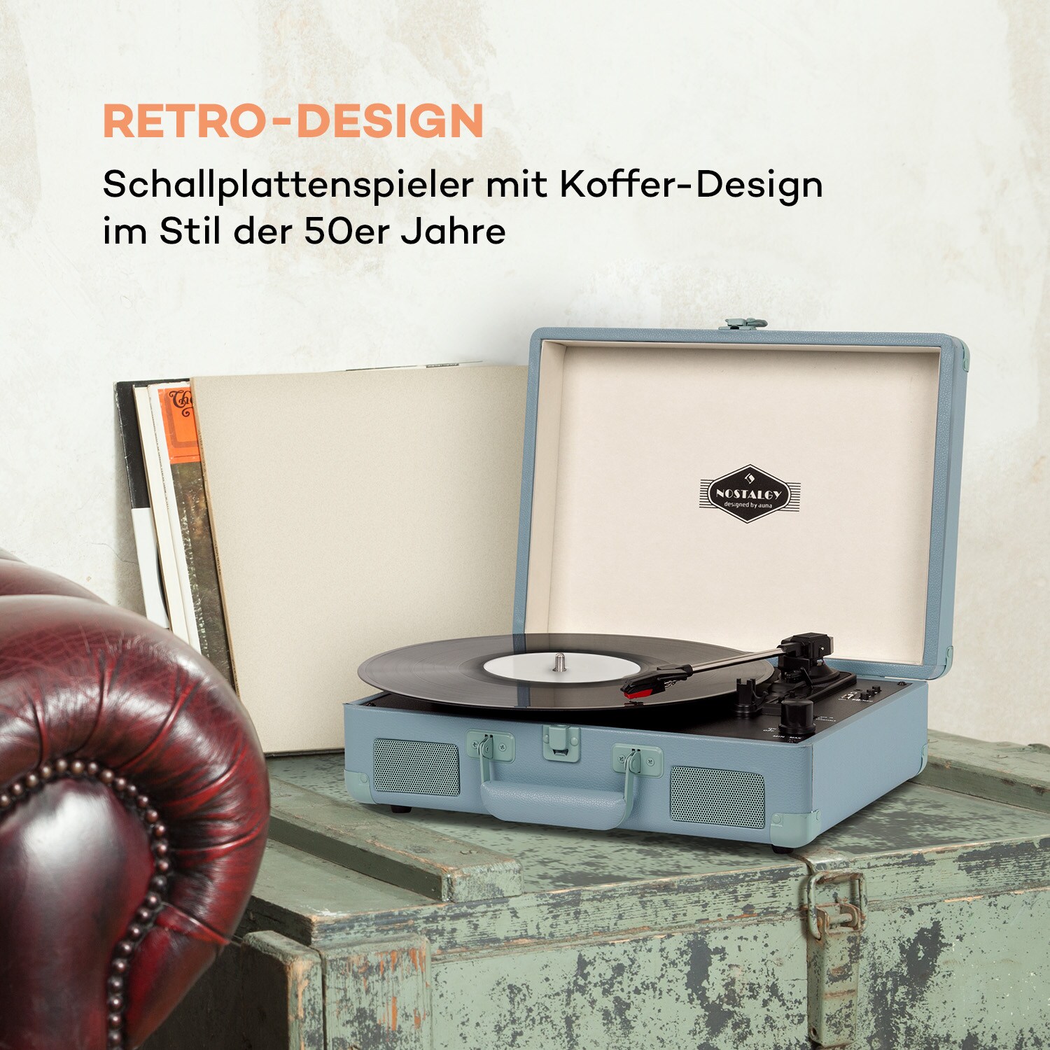 Peggy Sue BT Plattenspieler Stereolautsprecher USB BT tragbar Blau