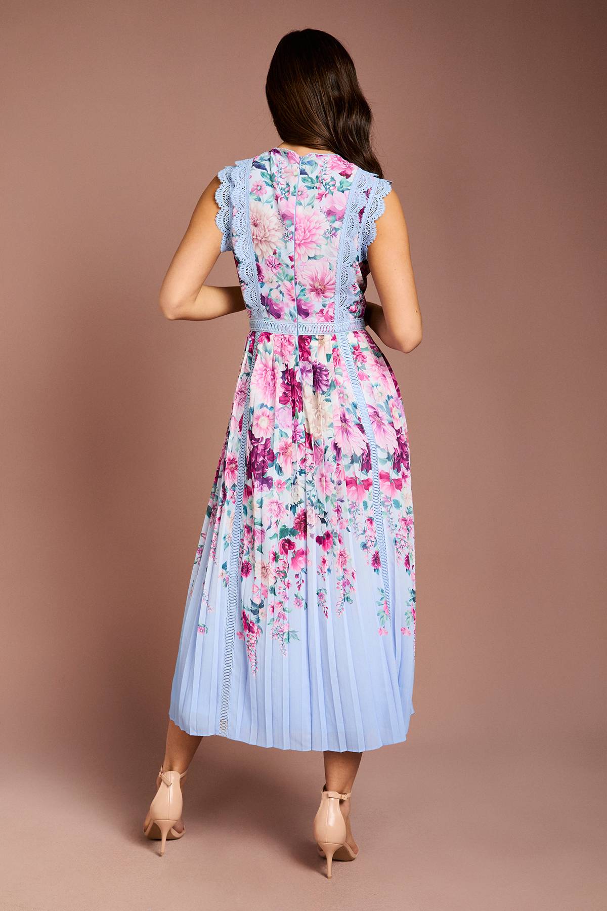 Coast Robe Midi À Jupe Plissée Imprimée Avec Finitions En Dentelle