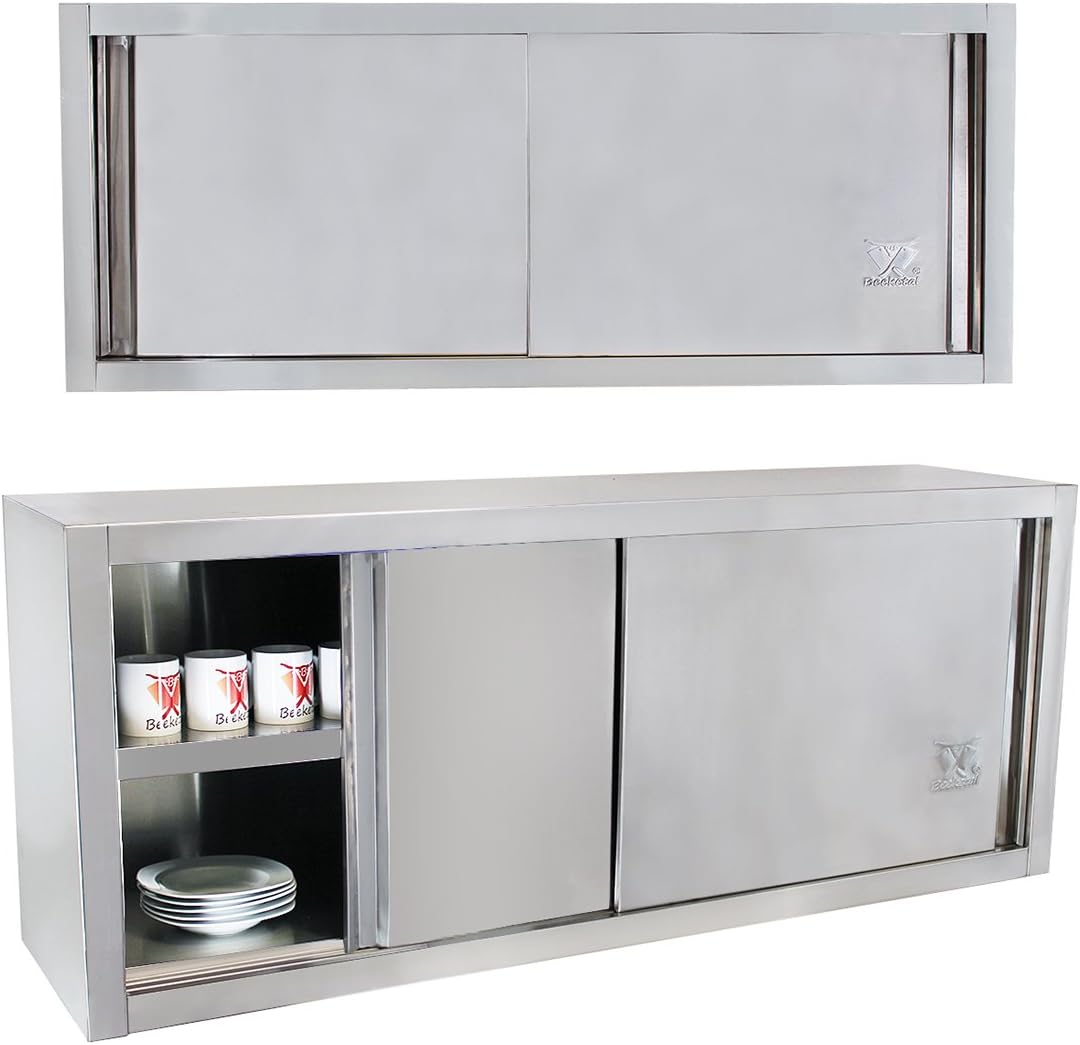 Beeketal 'BWS100' Gastro Küchen Wandhängeschrank aus Edelstahl mit auf Rollen gelagerte Schiebetüren, Hängeschrank mit fest verbautem Einlegeboden - Außenabmessungen (L/B/H): ca. 1000 x 400 x 650 mm