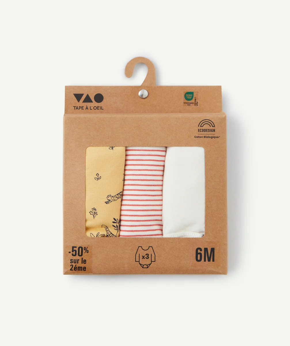 LOT DE 3 BODIES BÉBÉ EN COTON BIO IMPRIMÉ À RAYURES THÈME NATURE