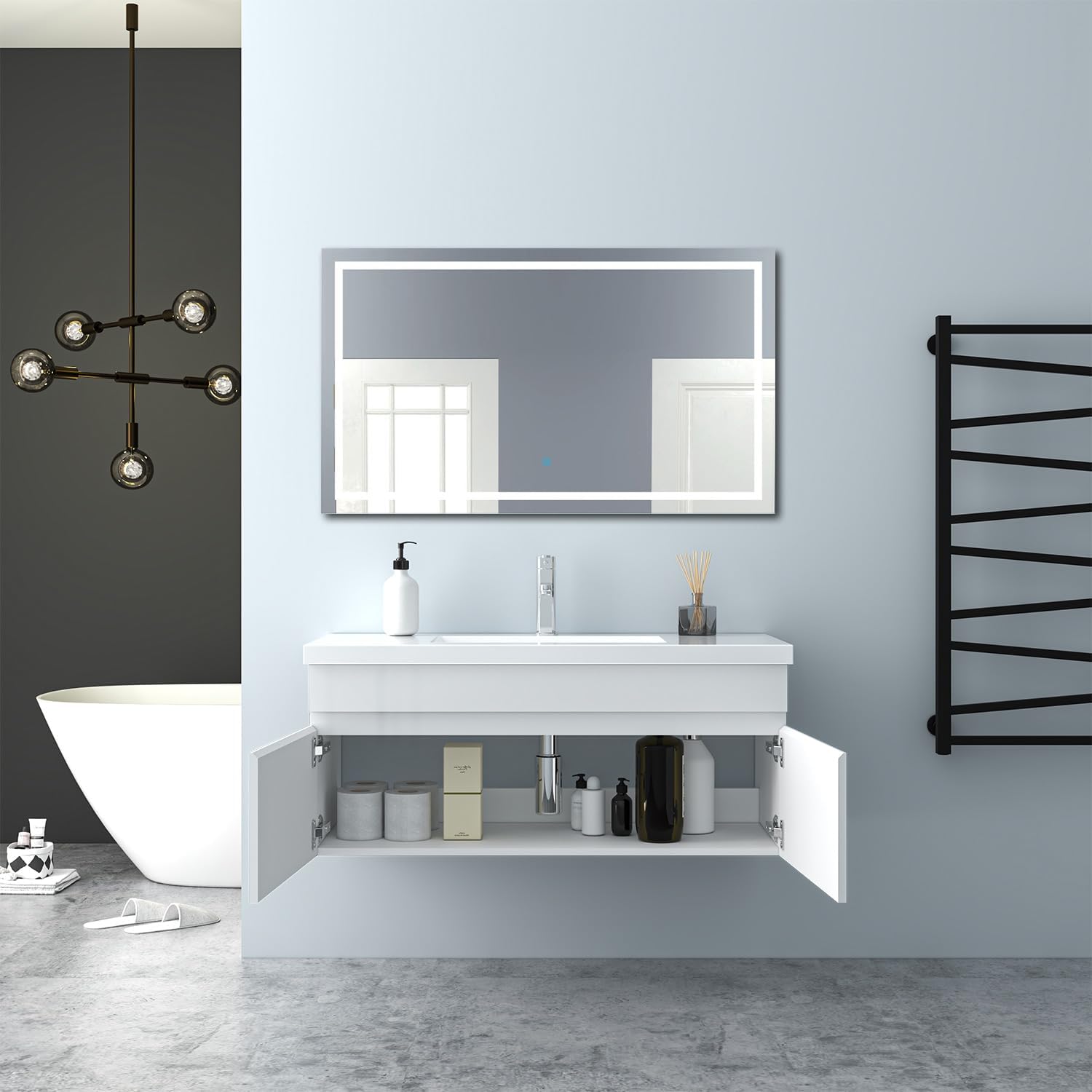 Badezimmer Badmöbel 100cm Mineralguss Waschtisch mit Unterschrank Hängeschrank Hochglanz Weiß Badezimmerschränke Badschrank mit 2 Soft-Close Türen