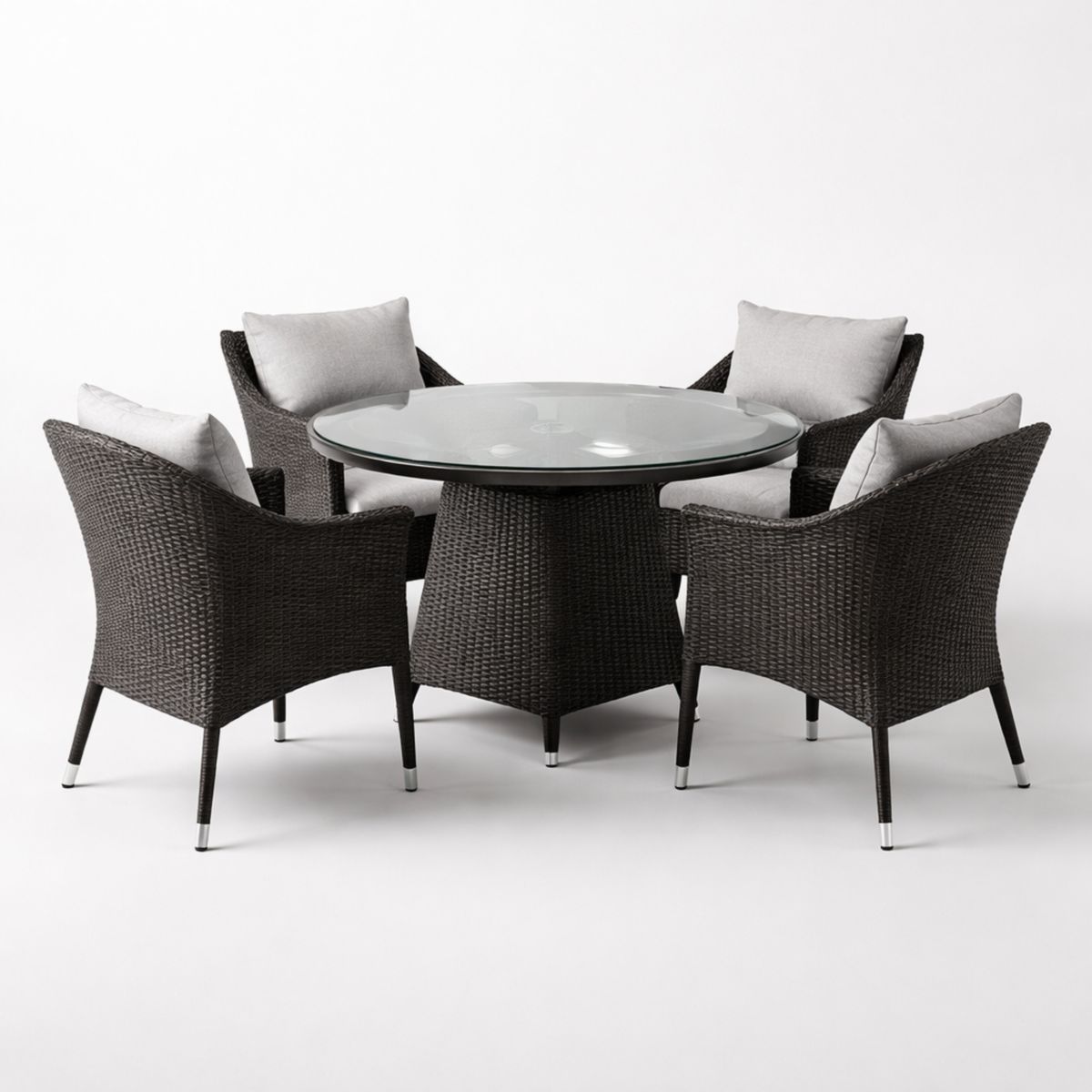 Rundes Gartenmöbel-Set mit Tisch aus Glas und Rattan-Stühlen in Dunkelbraun und Grau