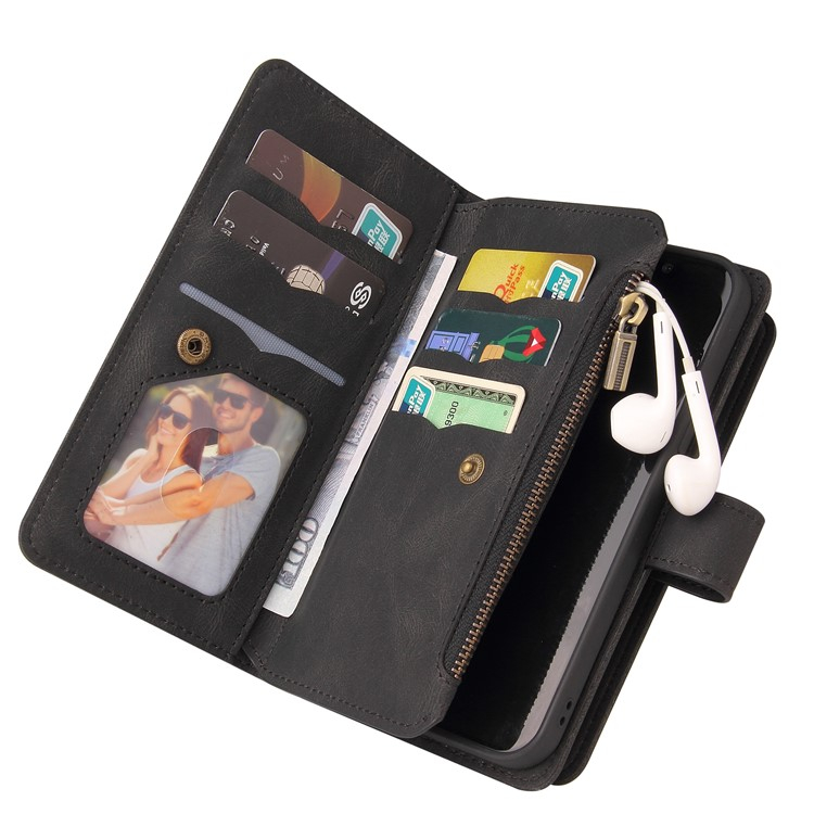 iPhone 16e Leder Tasche Flip Cover Kartenfächer mit Druckknopfverschluss   Handschlaufe - Schwarz