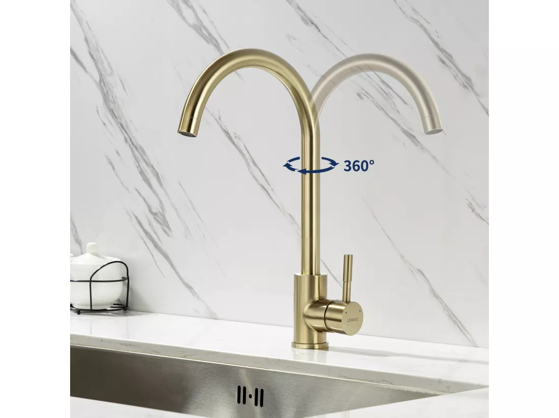 2pcs Robinet Cuisine, Mitigeur Evier Flexible Rotatif à 360°, Mitigeur Cuisine Acier Inoxydable avec Aérateur Démontable, Doré Brossé U-Forme
