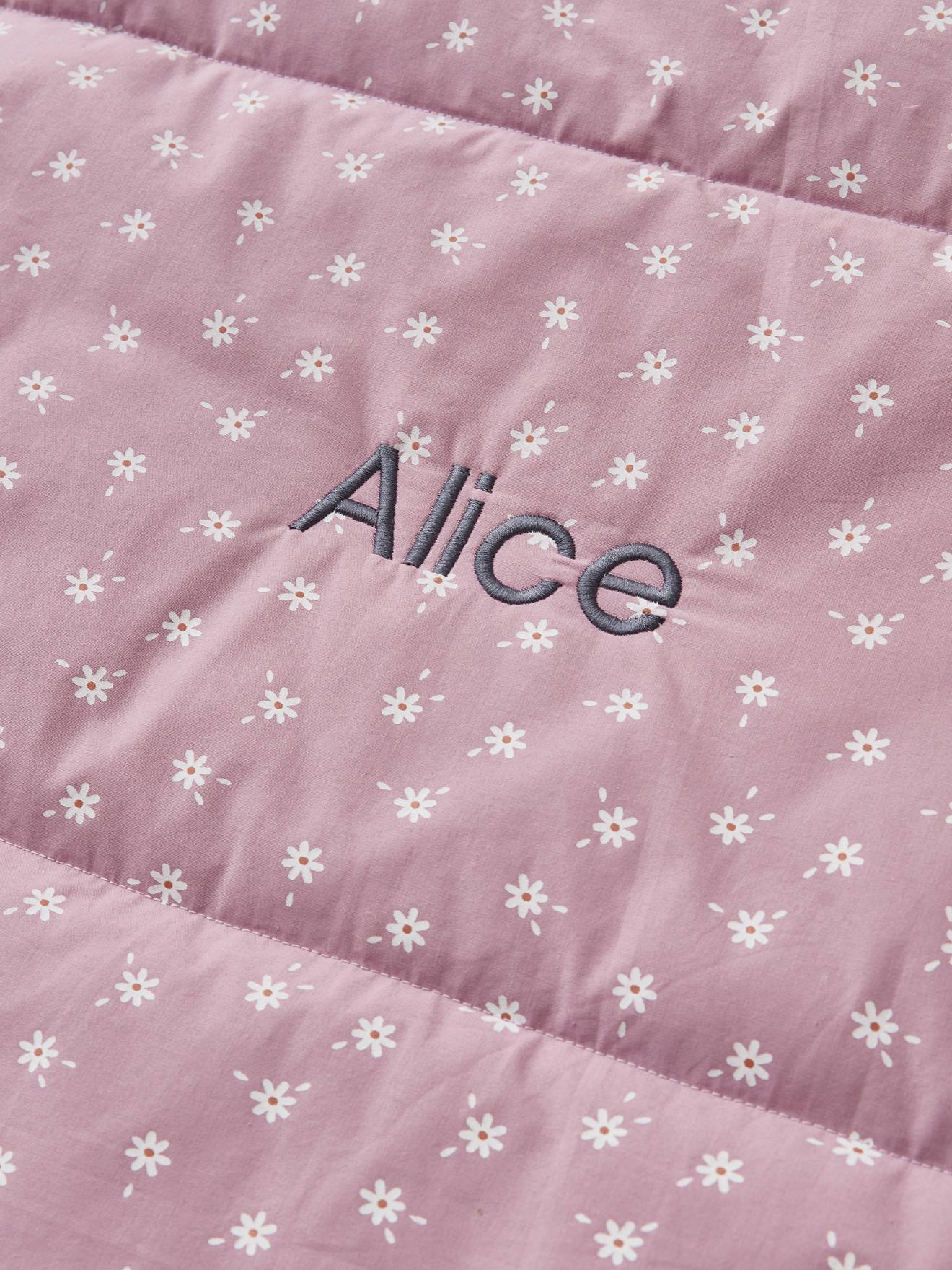 Saco de dormir personalizável, tamanho médio com estampa de margaridas roxas.
