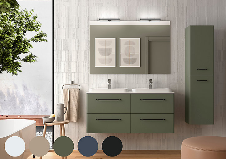 Meuble sous vasque à suspendre Cygnus bath Teha L. 120 cm blanc coton + plan double vasque semi-encastré résine blanc