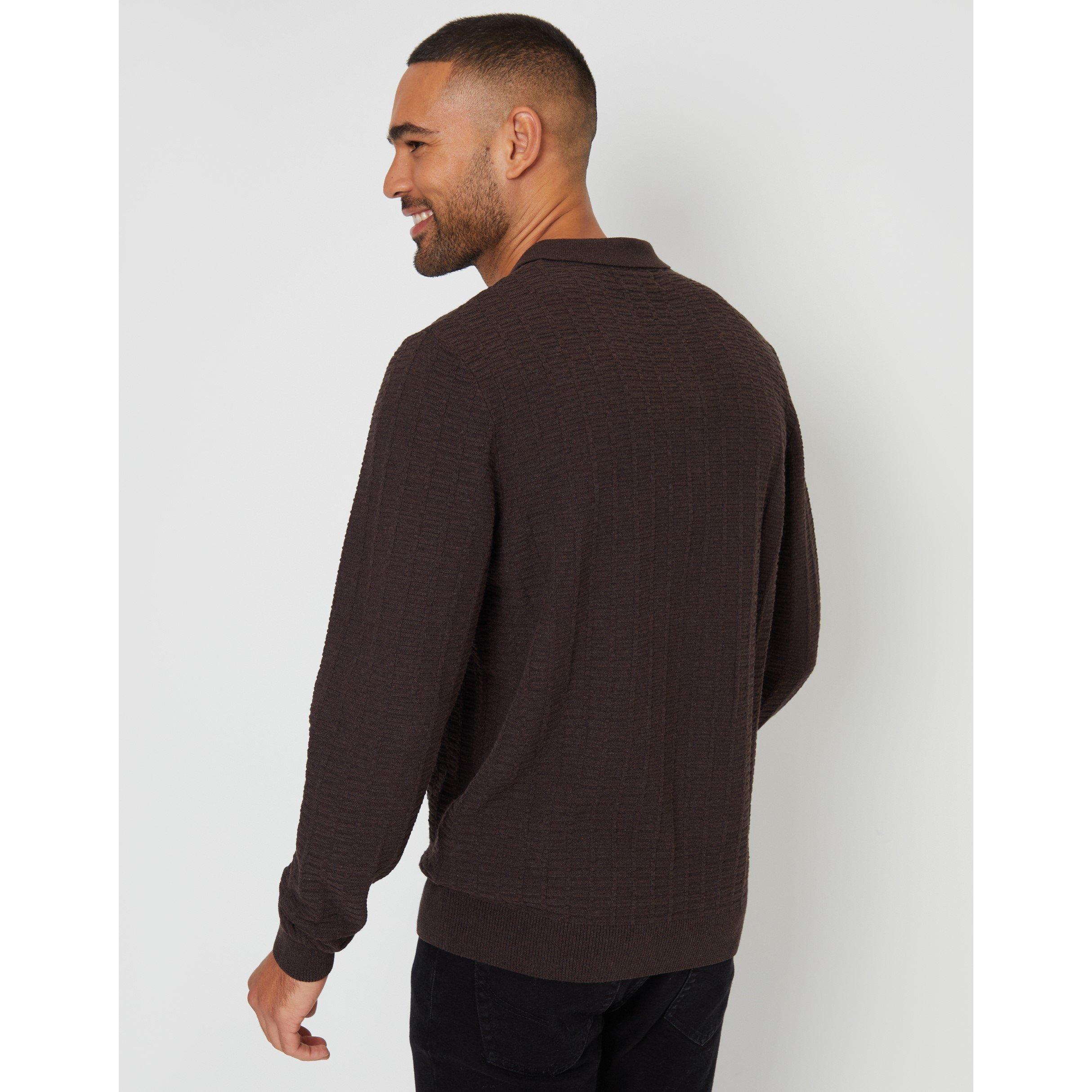 Threadbare TB Long Sleeve Textured Knitted Polo Jumper Mens