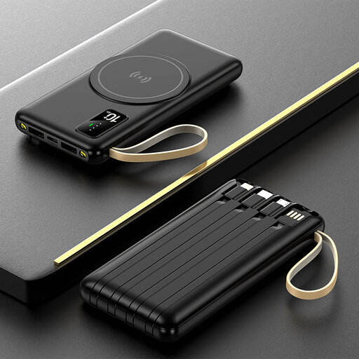 Power Bank Smartek de 10.000 mAh com 4 cabos integrados e carregamento sem fio Qi.