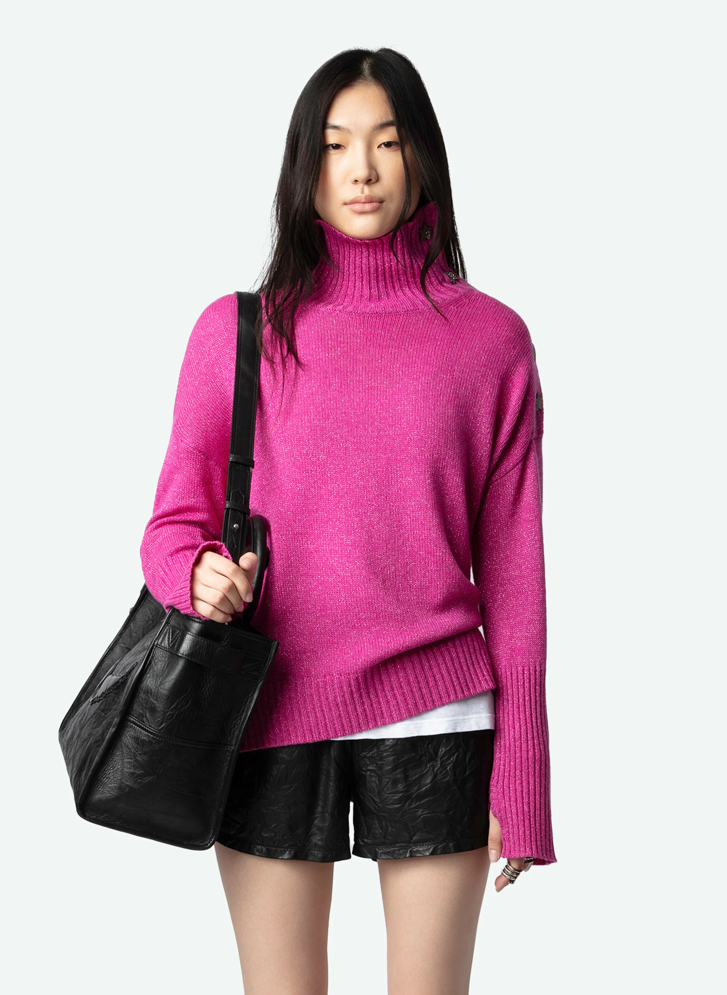 ALMA - Pull droit col montant en cachemire mélangé | Rose