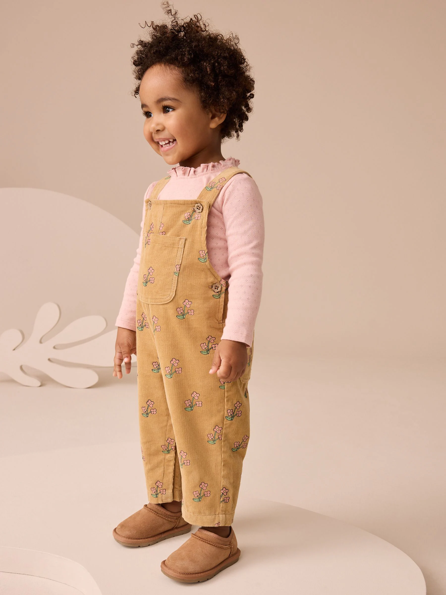 Okergeel - Set van corduroy tuinbroek met bloemenprint en T-shirt (3mnd -7jr)