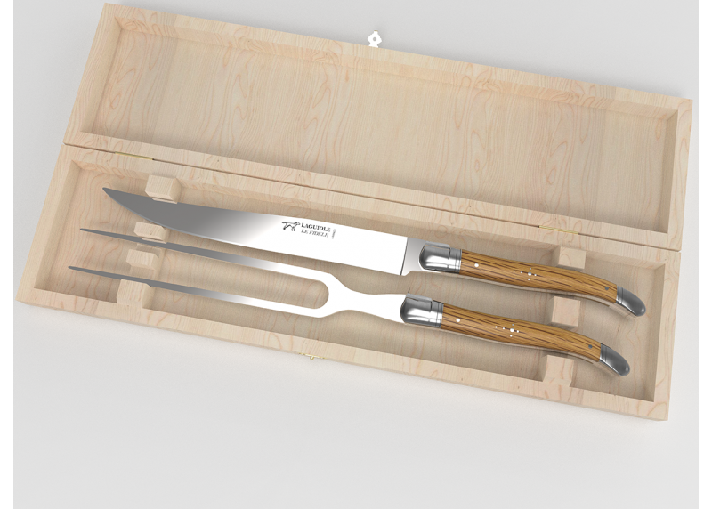 Service à viande Laguiole avec un manche en bois de chêne et mitres en acier inoxydable