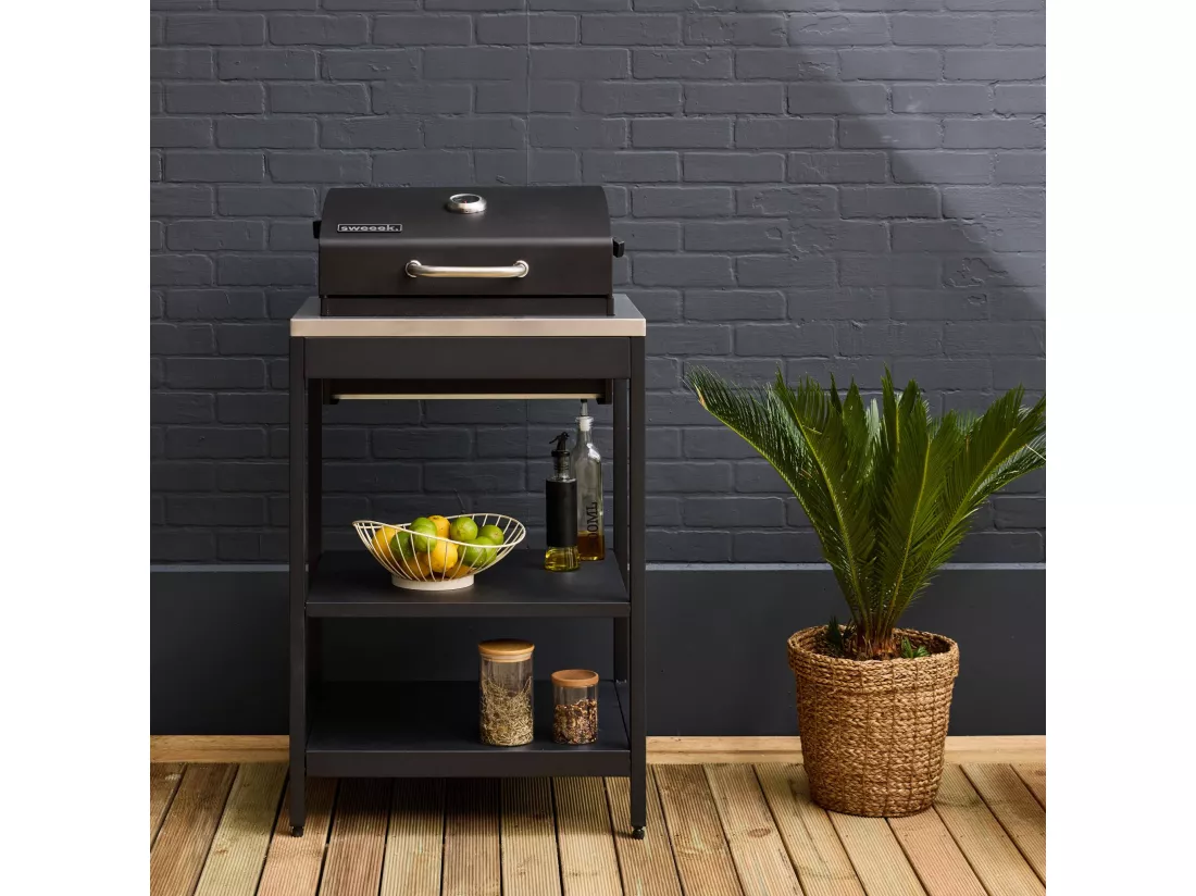 Barbecue grill charbon de bois noir Naxos grille chromée 2 étagères