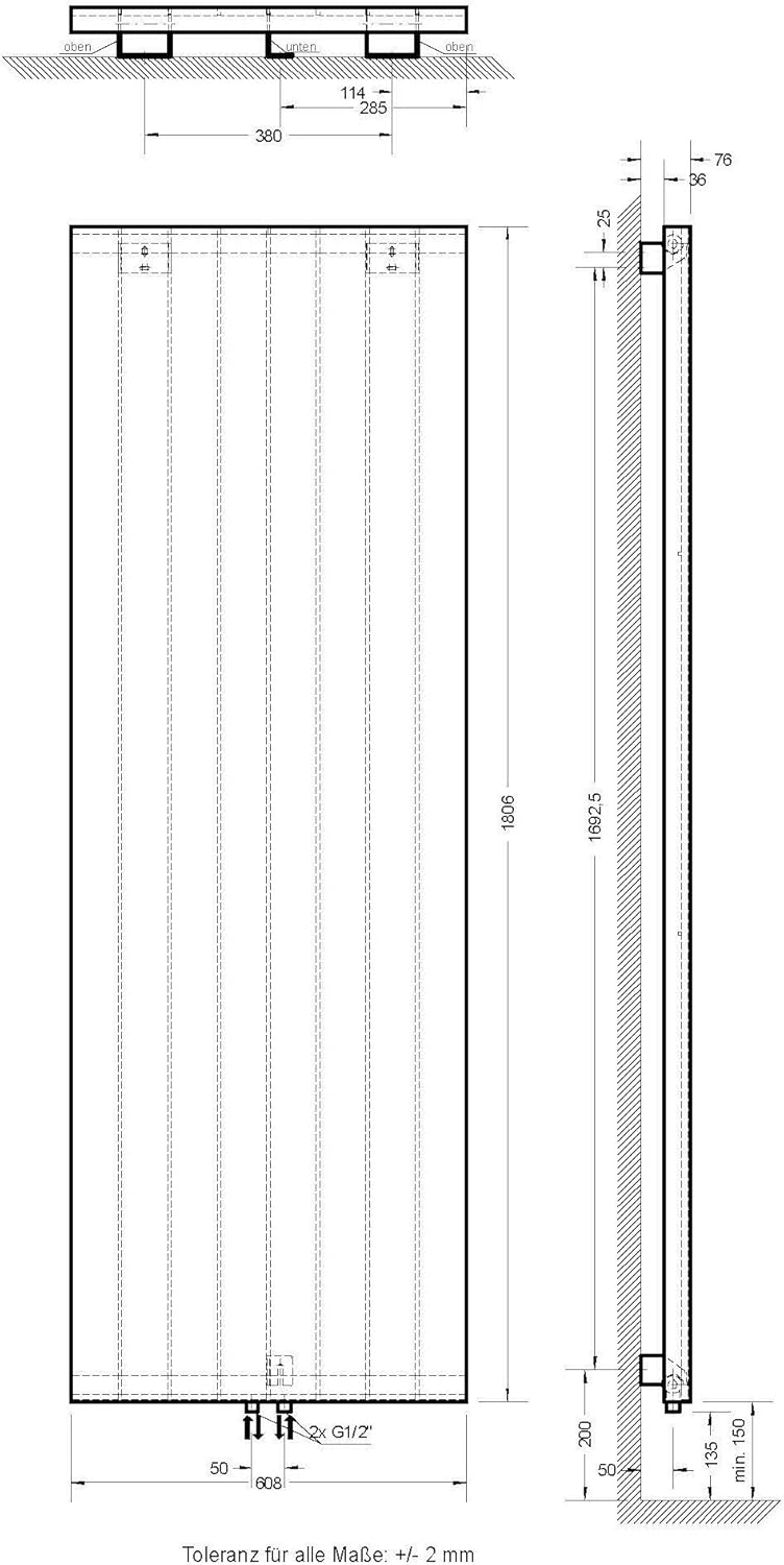 Heizkörper Milano mit Mittelanschluss, 180x60 cm, 1070 Watt Leistung, Weiß, Design-Heizkörper für Zweirohrsysteme