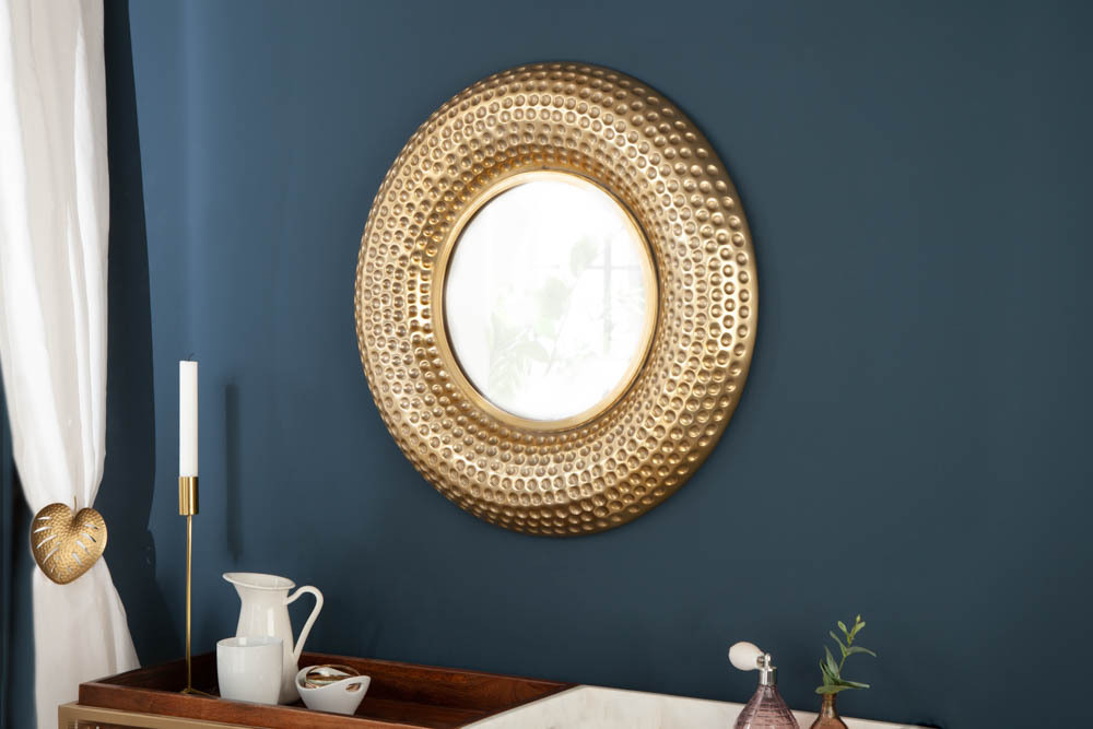 Handgearbeiteter Wandspiegel ORIENT 60cm gold im Hammerschlag Design aus Metall