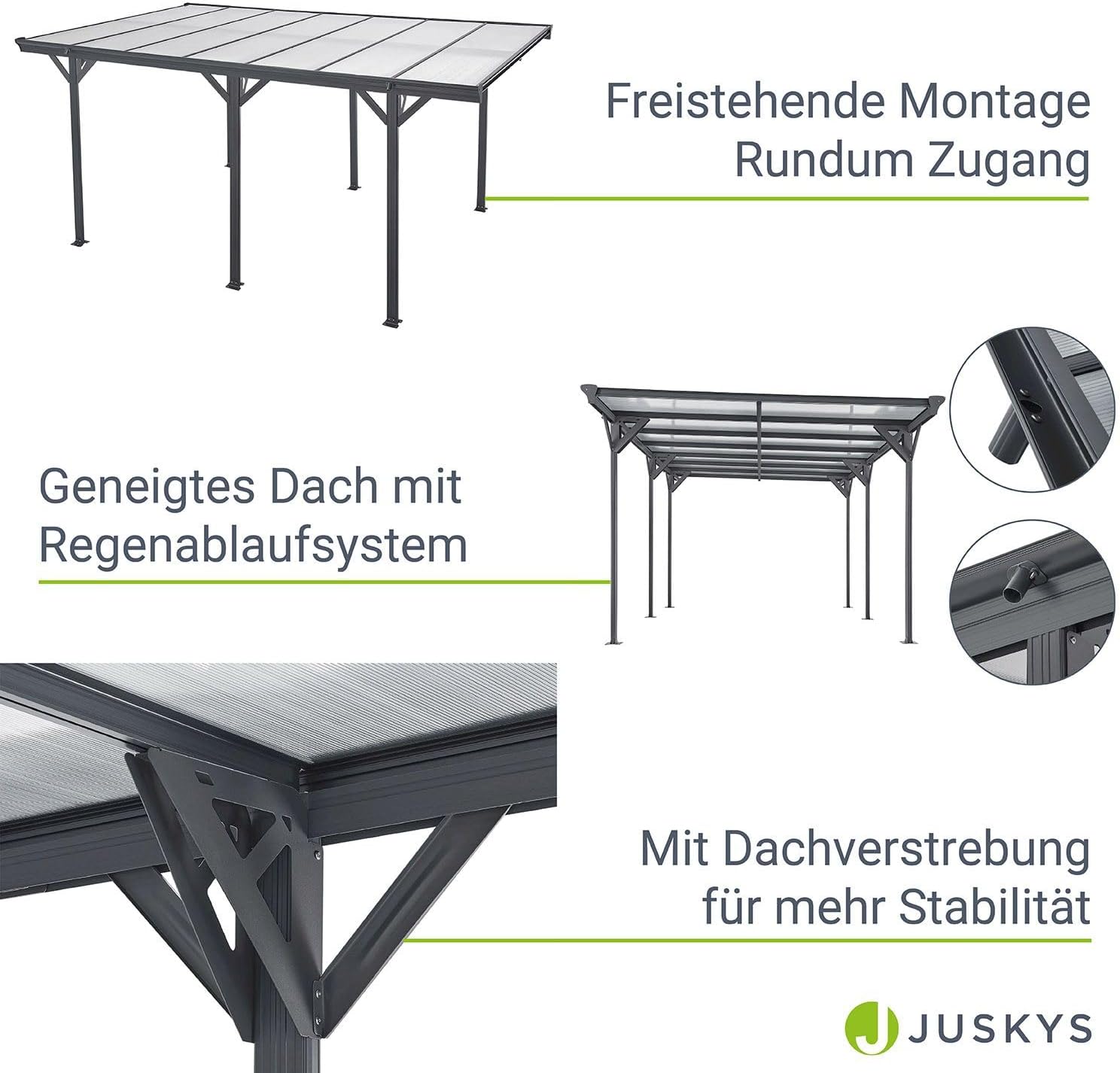 Juskys Carport mit Flachdach 5x3 m - Überdachung aus Aluminium mit Doppelstegplatten - Unterstand für Autos - freistehende Montage - Dunkelgrau