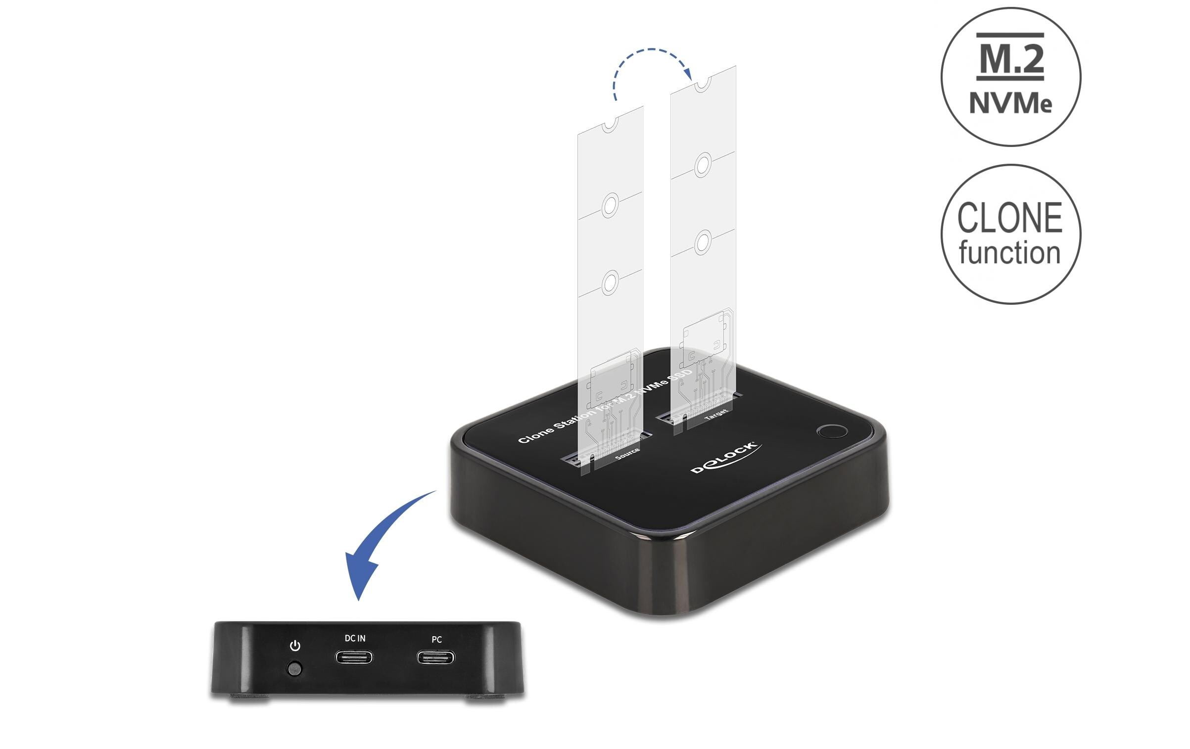 Docking- und Klonstation für 2x M.2 NVMe<br>Delock M.2 Dockingstation für 2 x M.2 NVMe PCIe SSD mit Klon Funktion