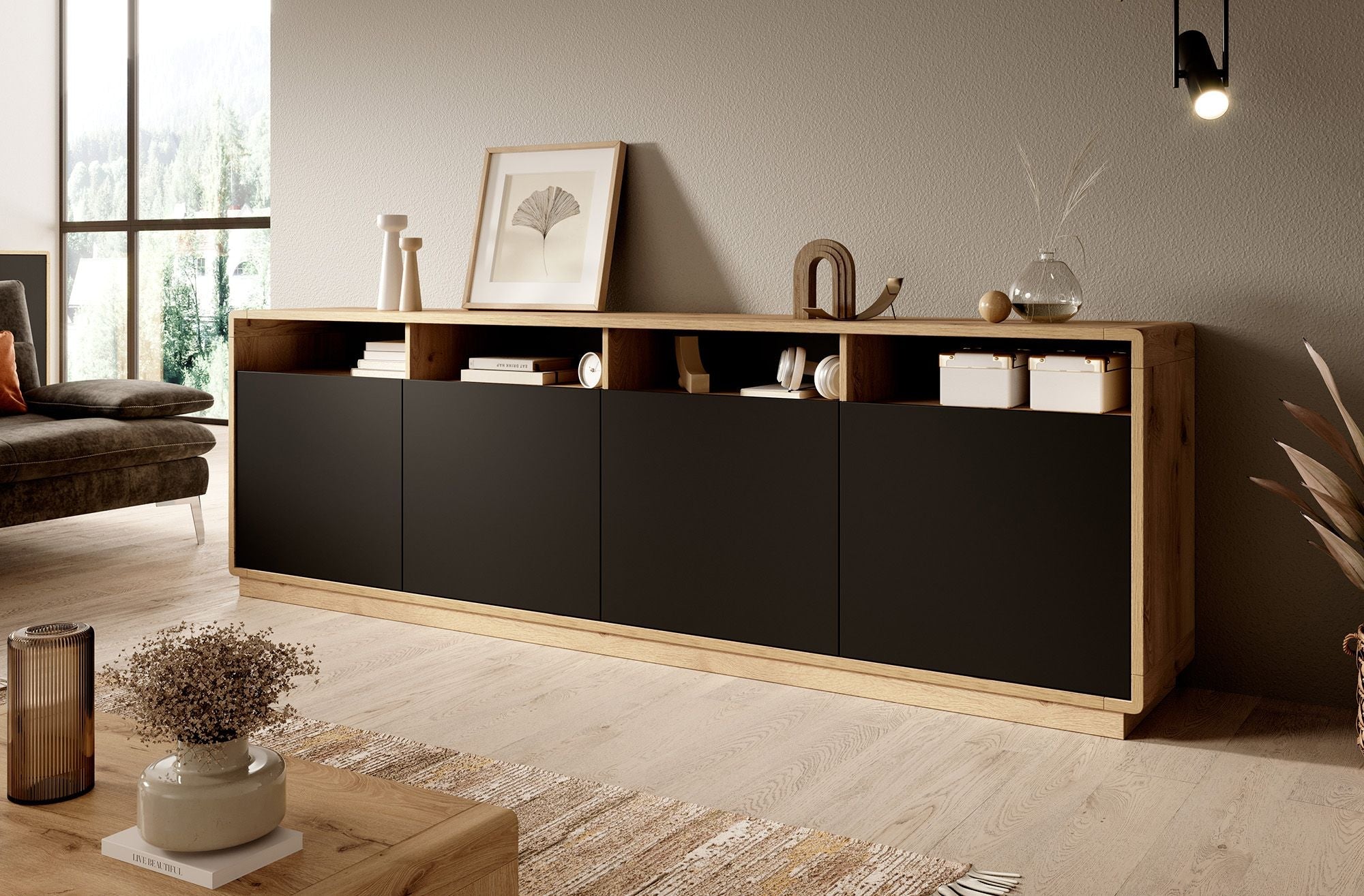 Meubella - Dressoir Acuna - Mat zwart - Eiken - 238 cm