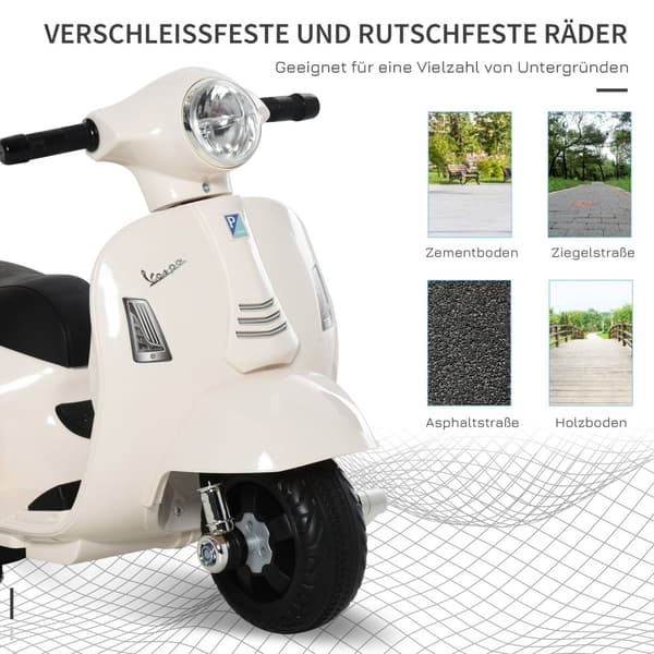 Vespa Elmotorsykkel Barnemotorsykkel, 18-36 Mnd, 3 Km/T, Led Lys & Lyd, Pp Plast & Metall, Hvit, 66,5X38X52Cm